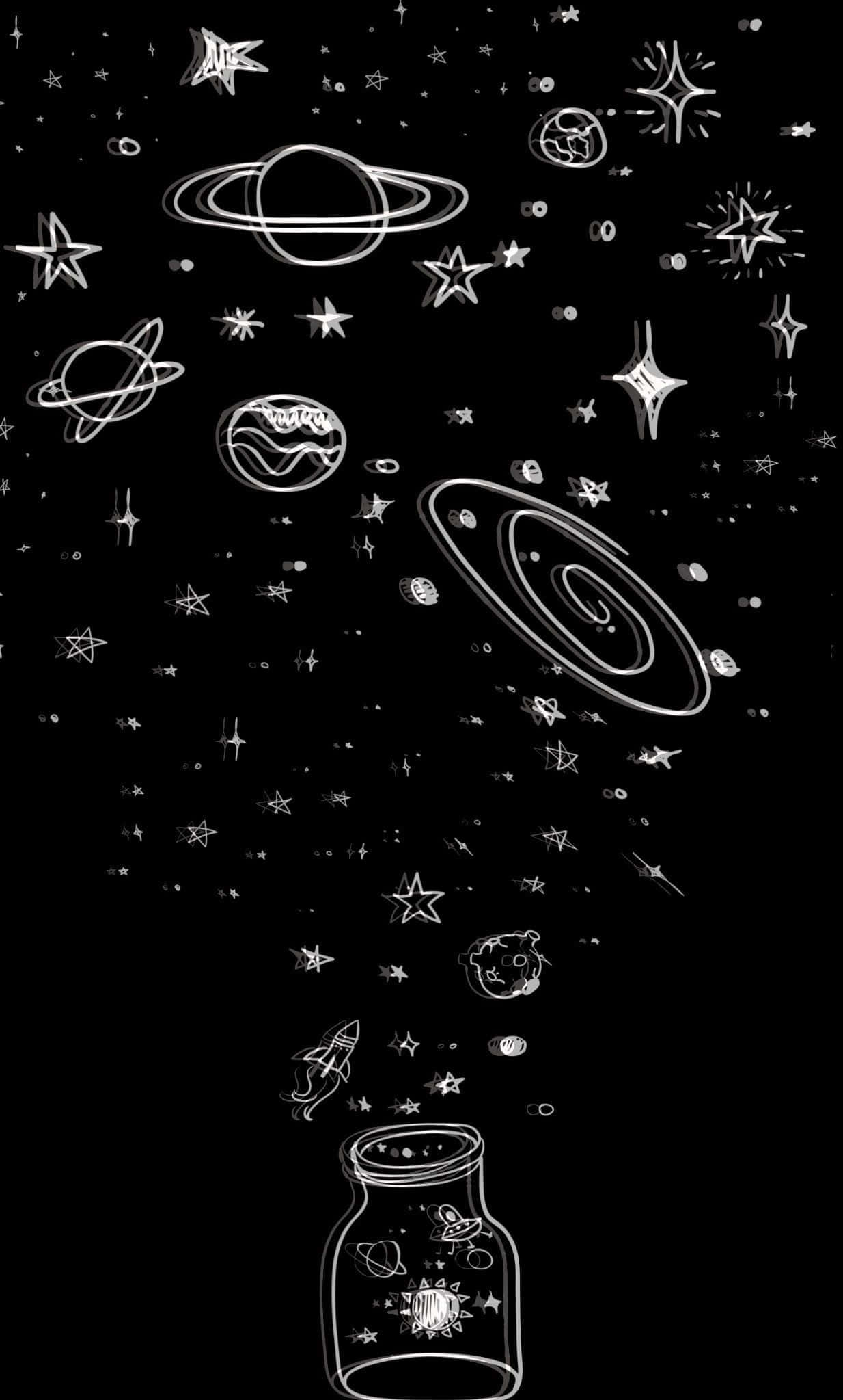 一個裝滿星星和行星的罐子，火箭飛向太空。