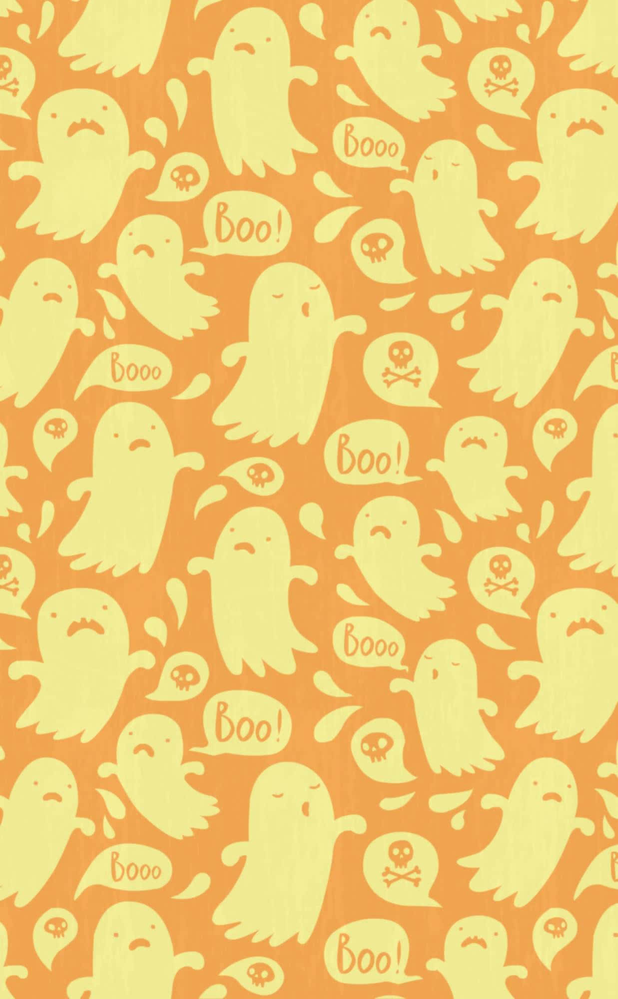 重複的卡通鬼魂在橙色背景上說 boo 並帶有頭骨