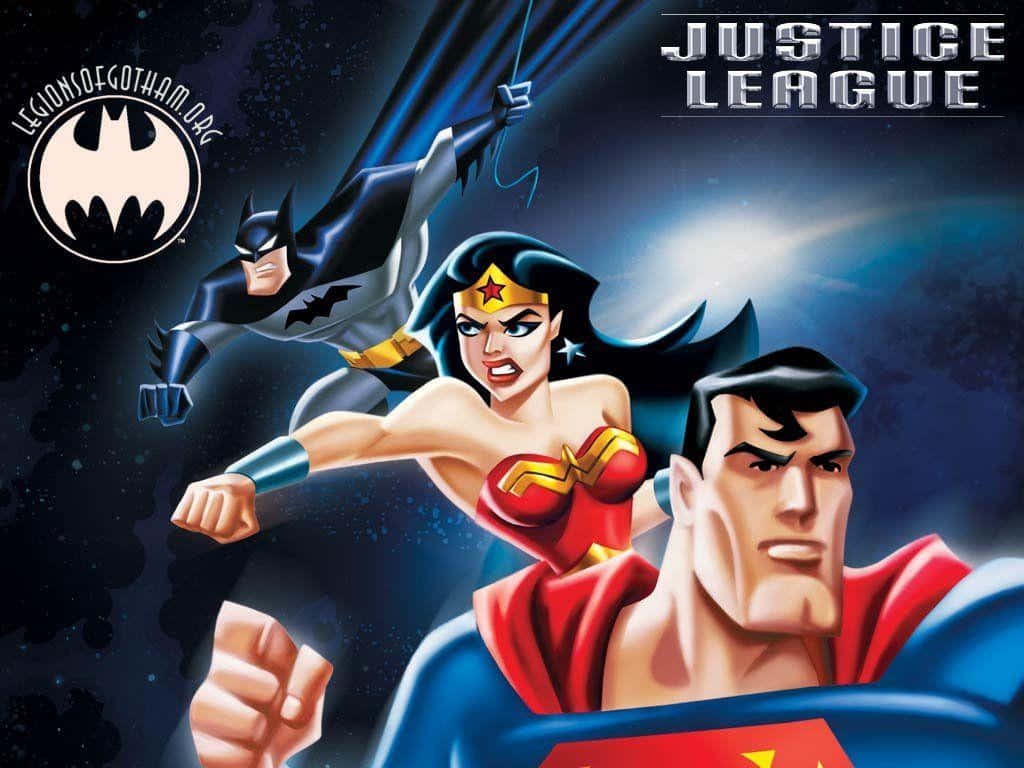 Justice League Unlimited 桌布 壁紙 — 蝙蝠俠、神奇女俠和超人在宇宙背景下動態翱翔的正義聯盟動畫海報。