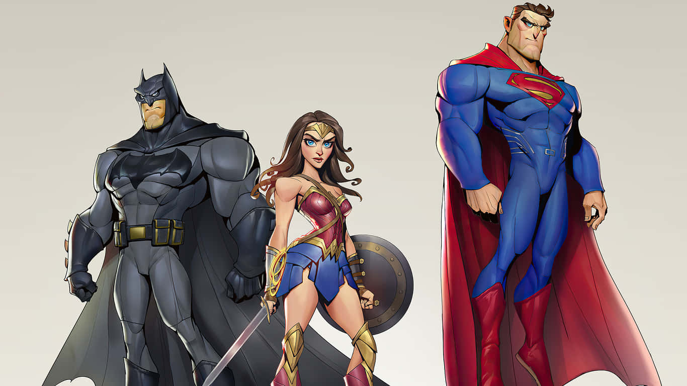 Justice League Unlimited 桌布 壁紙 — 蝙蝠俠、神奇女俠和超人英雄地站在乾淨的工作室風格插圖中，線條大膽，色彩鮮豔。
