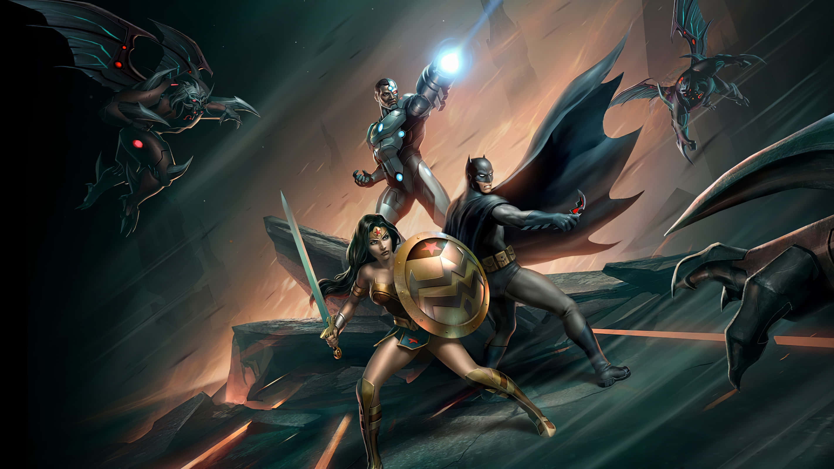 Dark War 桌布 壁紙 — 蝙蝠俠、神奇女俠和鋼骨在日落時分的岩石懸崖上與黑暗有翼生物戰鬥。