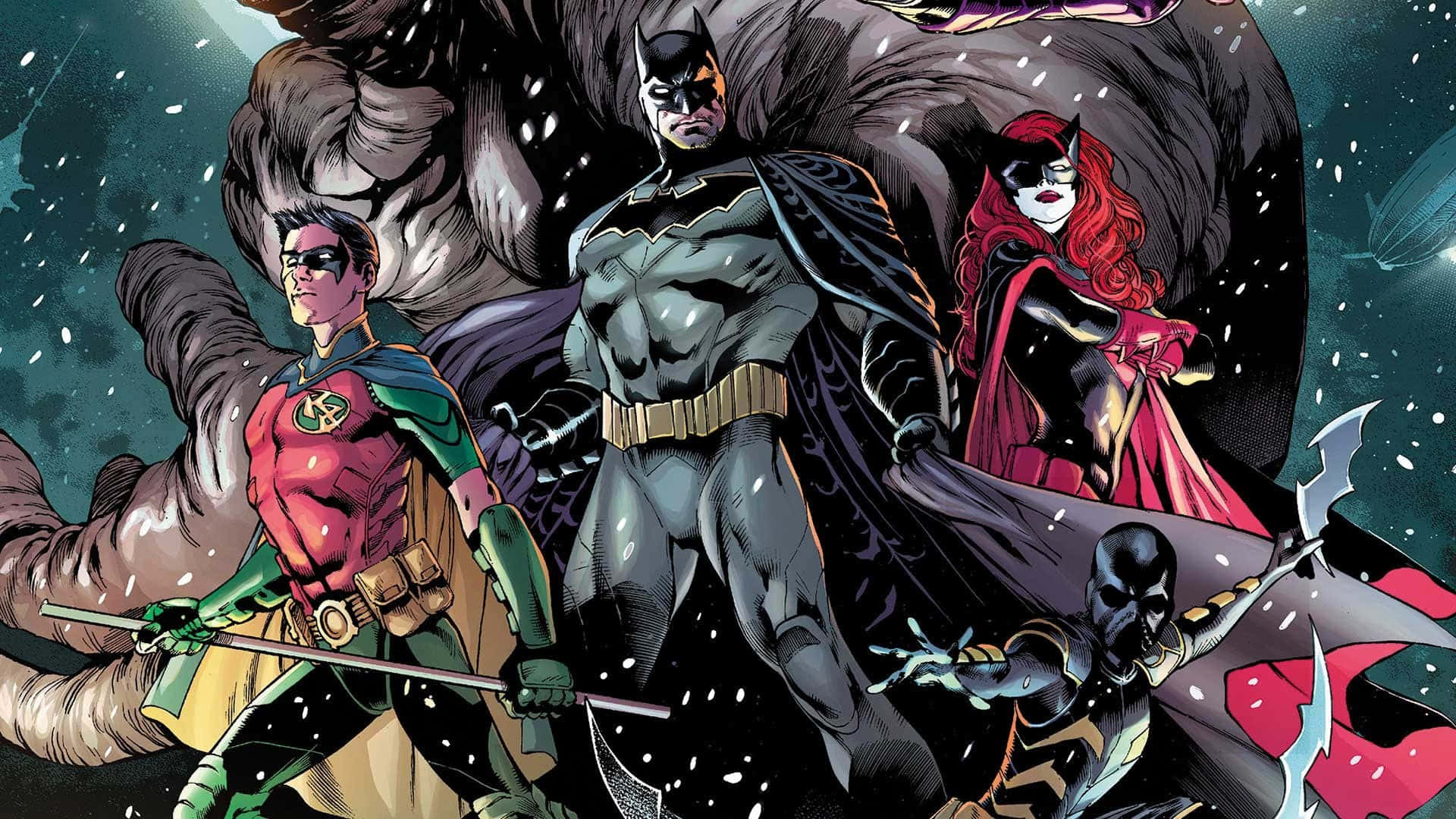 Bat-family 桌布 壁紙 — 蝙蝠俠、羅賓和貓女在雪夜場景中挑釁地對抗一個怪異的陰影人物。