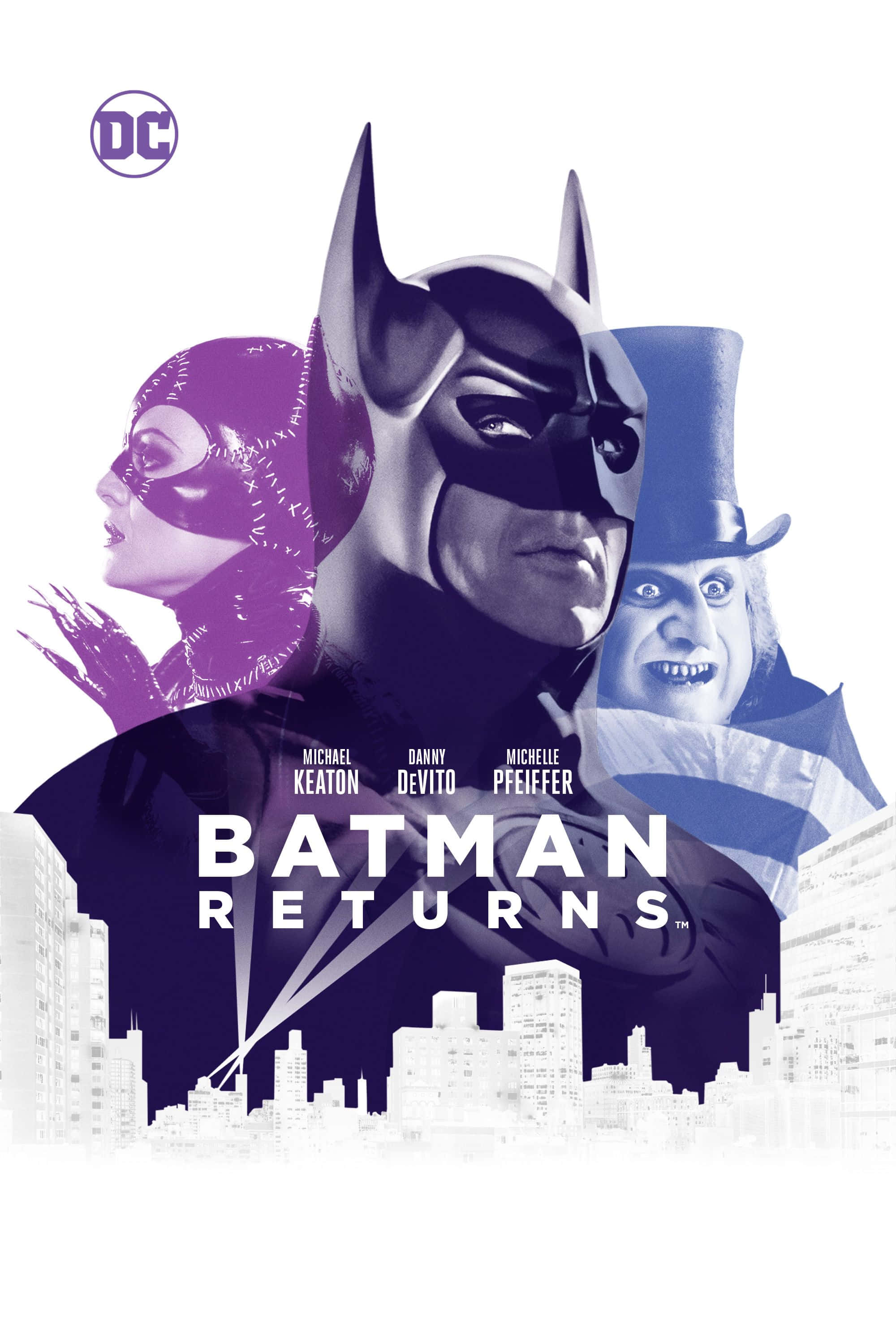 Batman Penguin 桌布 壁紙 — 蝙蝠俠、貓女和企鵝人以剪影形式站在哥譚市天際線前，呈現風格化的電影海報。