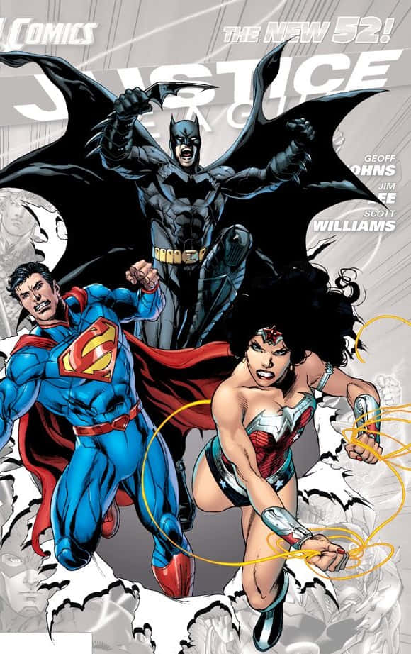 Batman The New 52 桌布 壁紙 — 蝙蝠俠、超人和神奇女俠以粗線條和戲劇性陰影的英雄漫畫藝術動態擺姿勢。