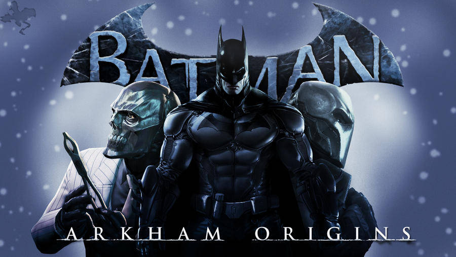 蝙蝠俠與兩個戴面具的惡棍在《Arkham Origins》遊戲的雪景中。