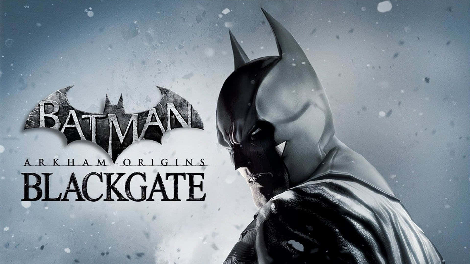 蝙蝠俠在積雪的城市環境中，帶有遊戲標題Arkham Origins Blackgate。