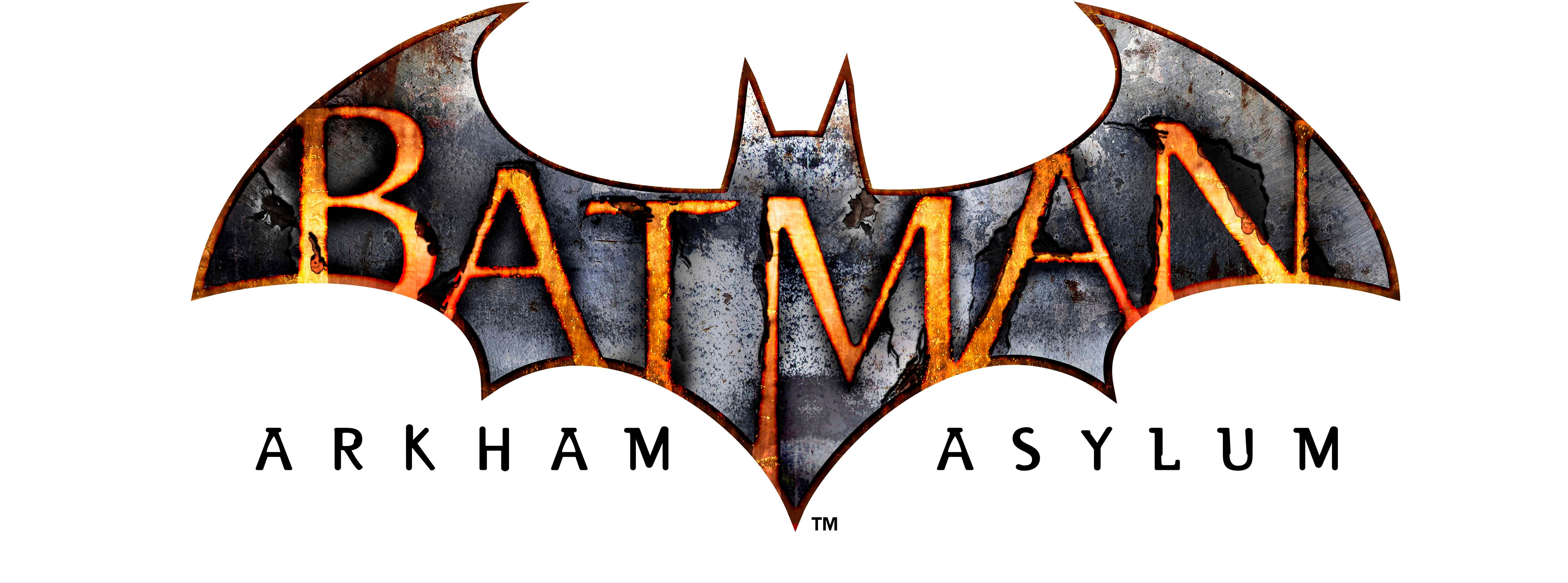 Arkham Asylum 桌布 壁紙 — 蝙蝠俠：阿卡漢瘋人院的標誌以一個風化的蝙蝠徽章為特色，在深色金屬背景下帶有發光的橙色字體。