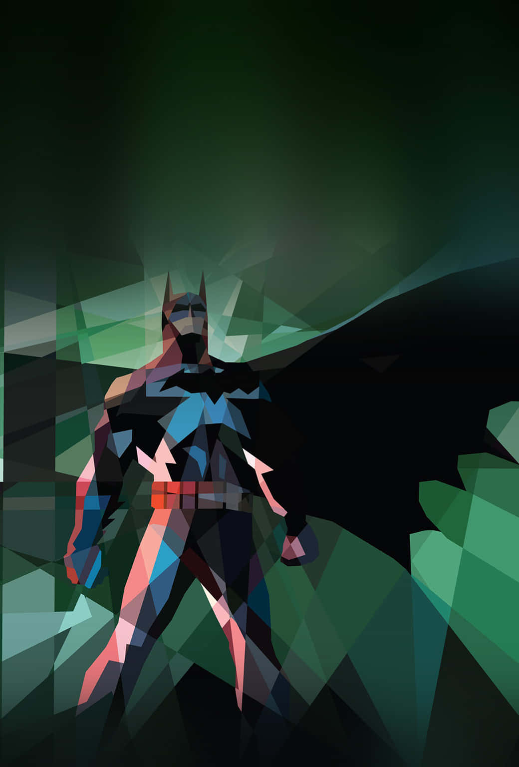 Cartoon Heroes 桌布 壁紙 — 蝙蝠俠以低多邊形幾何風格站立，背景為深綠色碎裂背景，帶有發光高光。