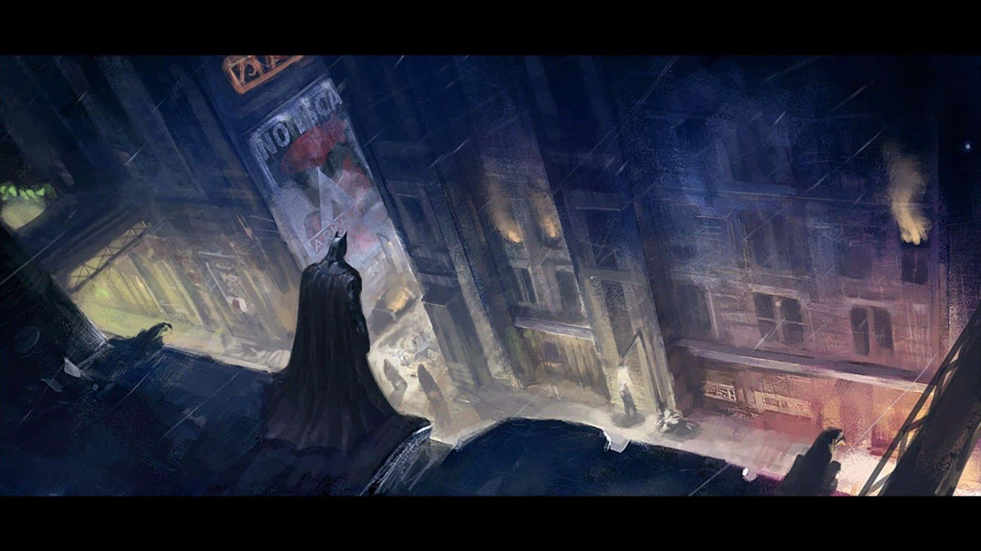 Bruce Wayne 桌布 壁紙 — 蝙蝠俠以剪影姿態站在屋頂上，俯瞰雨夜中霓虹燈在霧氣中閃爍的葛咸城街道。