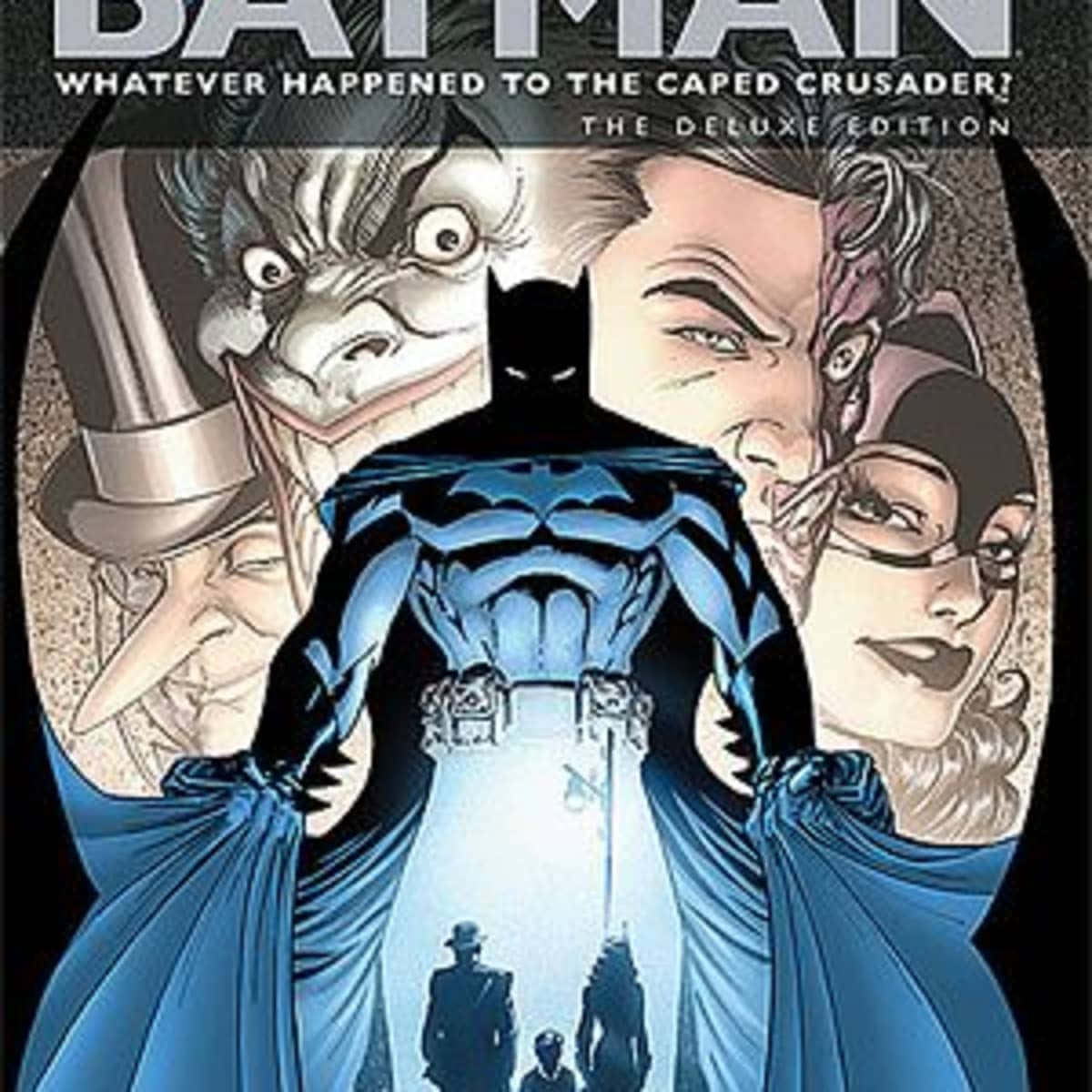The Caped Crusader 桌布 壁紙 — 蝙蝠俠以剪影姿態站在發光的光線前，背後有像小丑和貓女這樣的威脅性反派隱現。