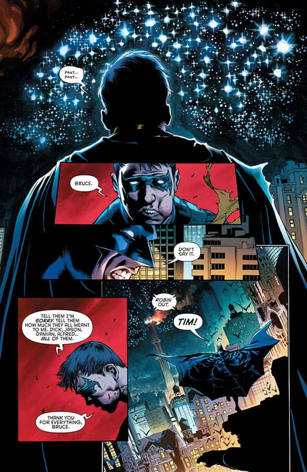 Batman Death In The Family 桌布 壁紙 — 蝙蝠俠以剪影姿態站在繁星點點的夜空下，漫畫格展示他哀悼及飛越城市上空。