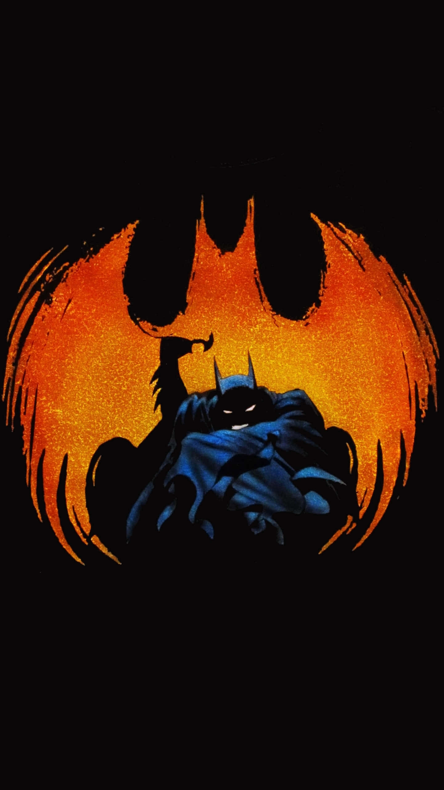 Batman The Long Halloween 桌布 壁紙 — 蝙蝠俠以剪影姿態站立，背後是黑色背景上發光的熾熱橙色蝙蝠標誌。