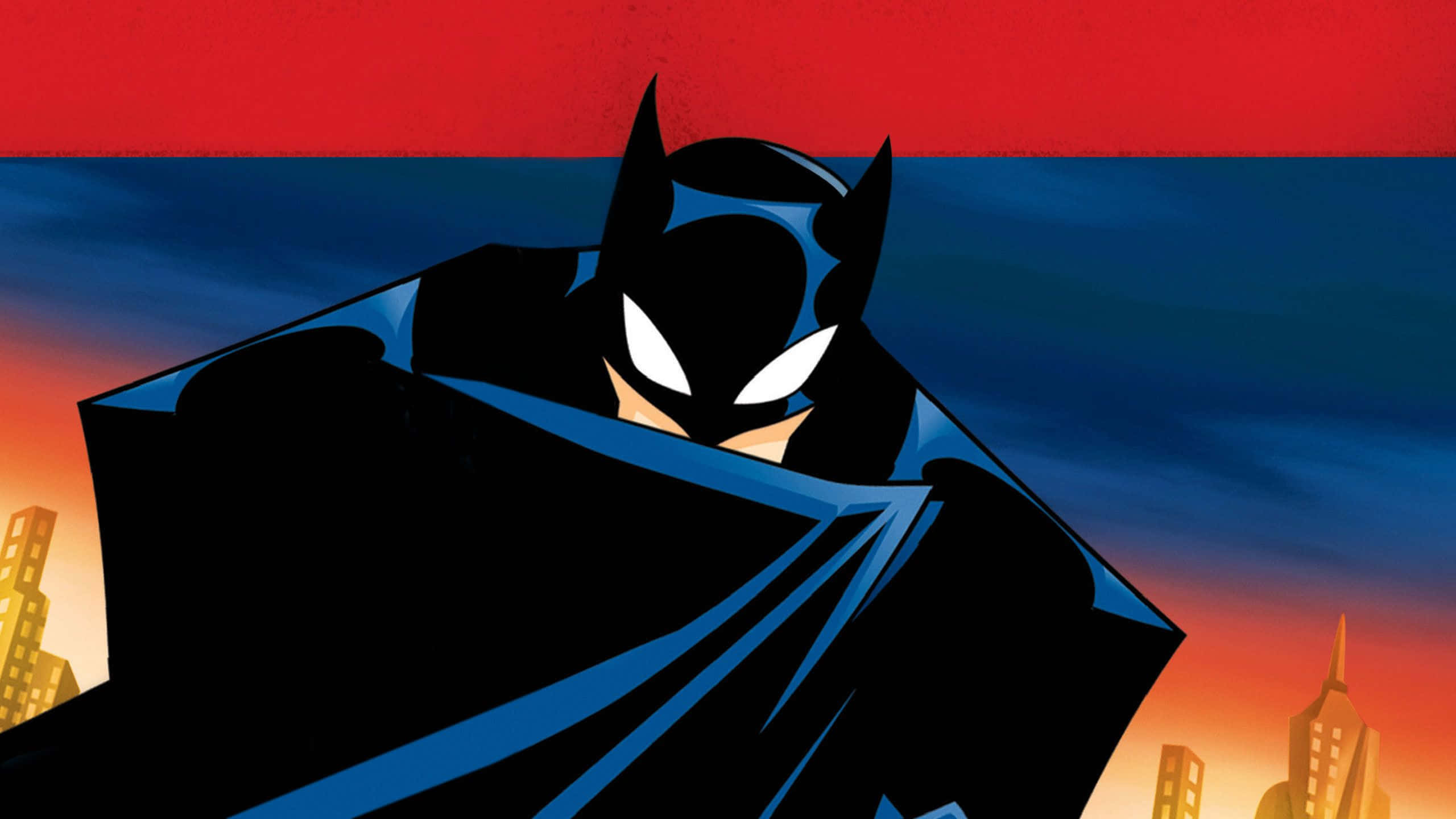 The Batman Vs Dracula 桌布 壁紙 — 蝙蝠俠以剪影姿態站立，背景是城市上空熾熱的夕陽天空，他發光的眼睛刺穿黑暗。