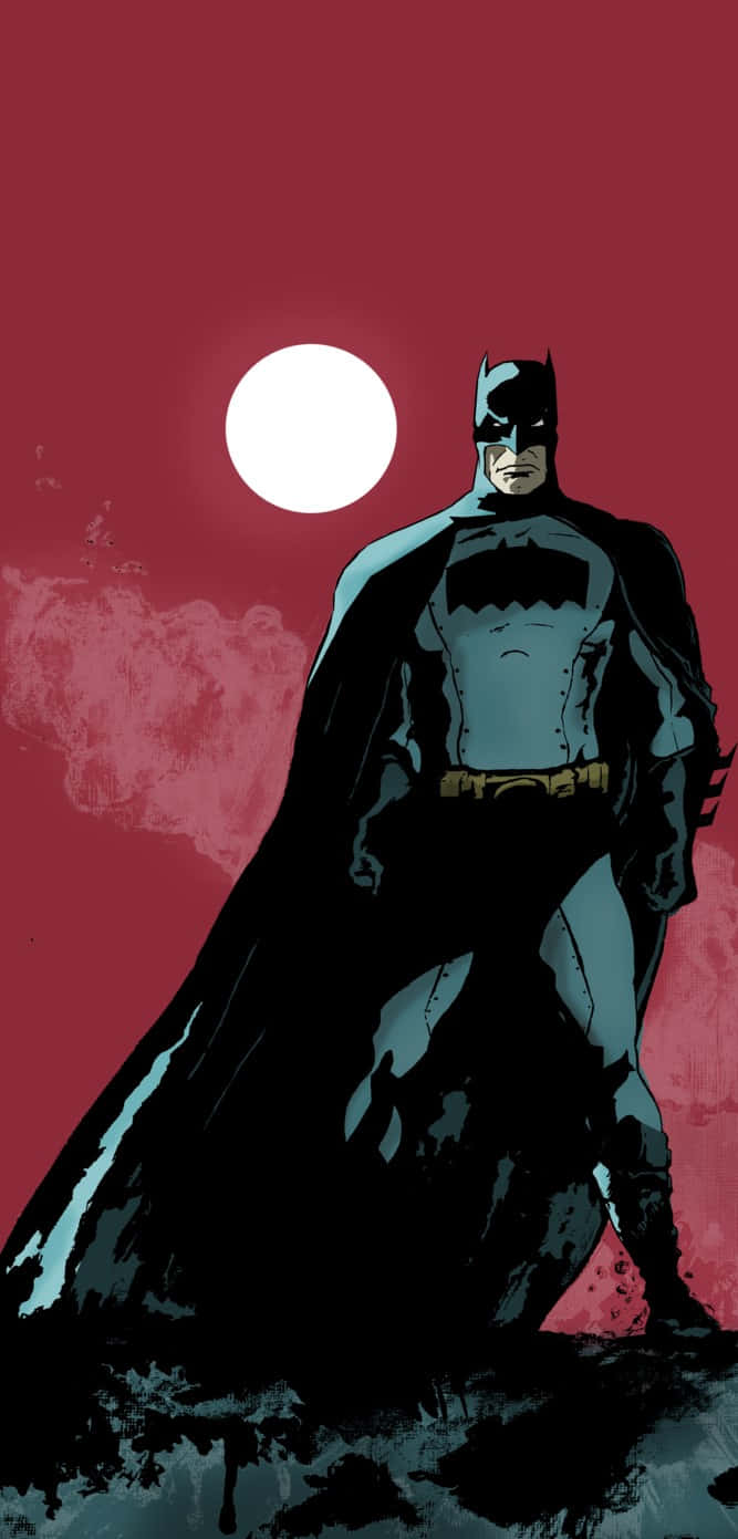 Batman Knightfall 桌布 壁紙 — 蝙蝠俠以剪影姿態站立，背景是深紅色的天空，身後有一輪明亮的白色月亮。