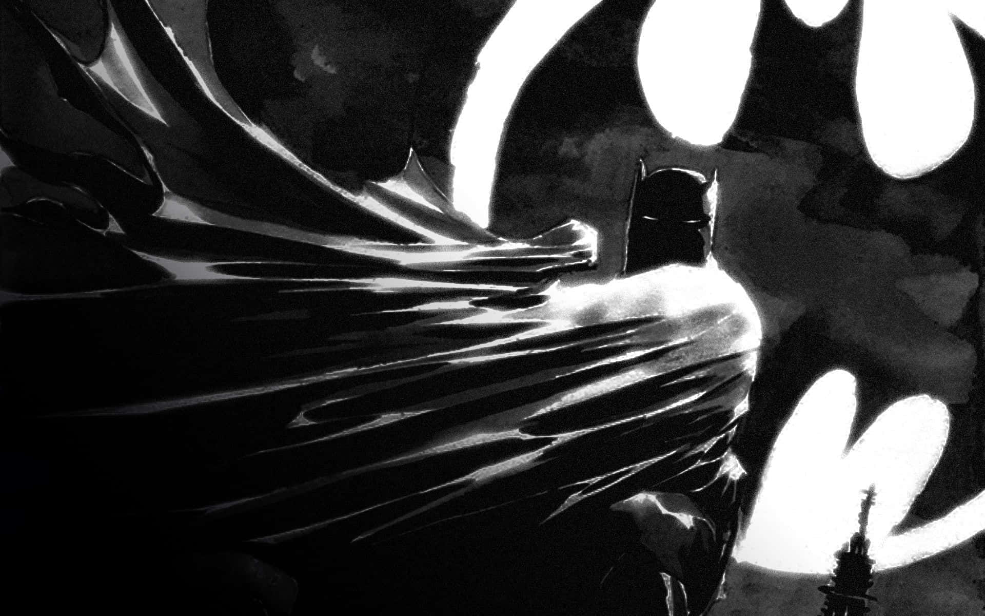 Batman Black And White 桌布 壁紙 — 蝙蝠俠以剪影姿態站立於發光的蝙蝠標誌前，披風在鮮明的黑白對比中戲劇性地飄揚。