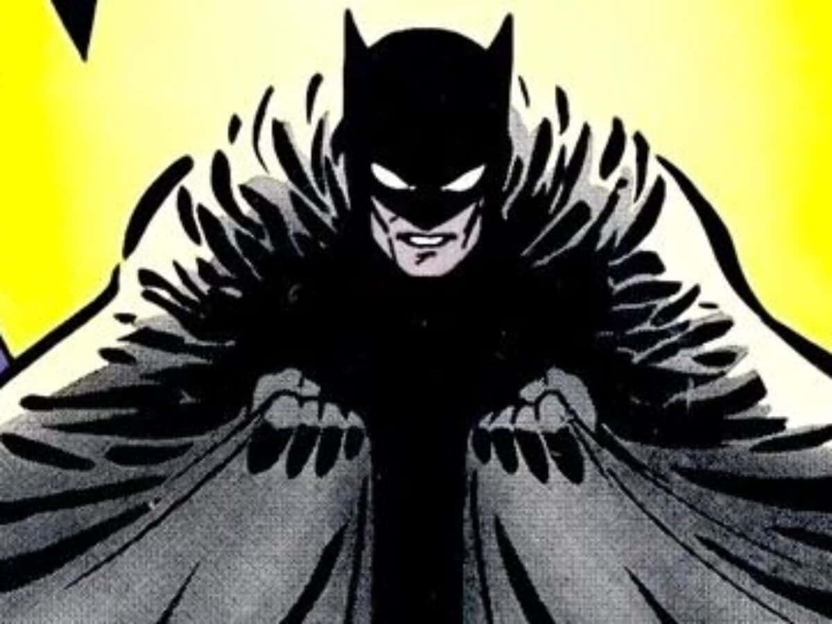 Batman Year One 桌布 壁紙 — 蝙蝠俠以動感漫畫姿勢站在亮黃色背景前，披風飄揚。