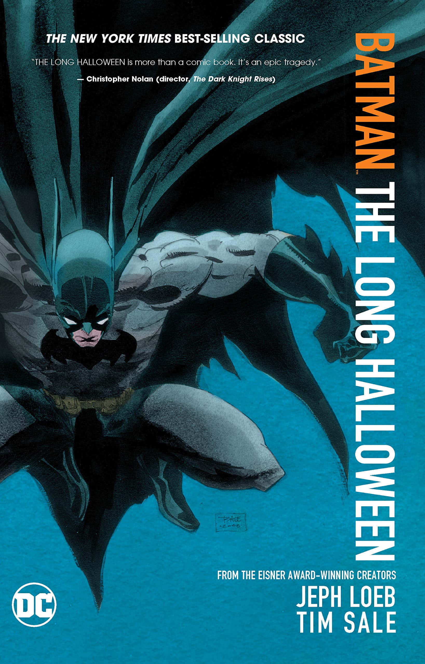 Batman The Long Halloween 桌布 壁紙 — 蝙蝠俠以動態姿勢呈現，背景為青綠色，搭配戲劇性燈光和漫畫文字疊加。