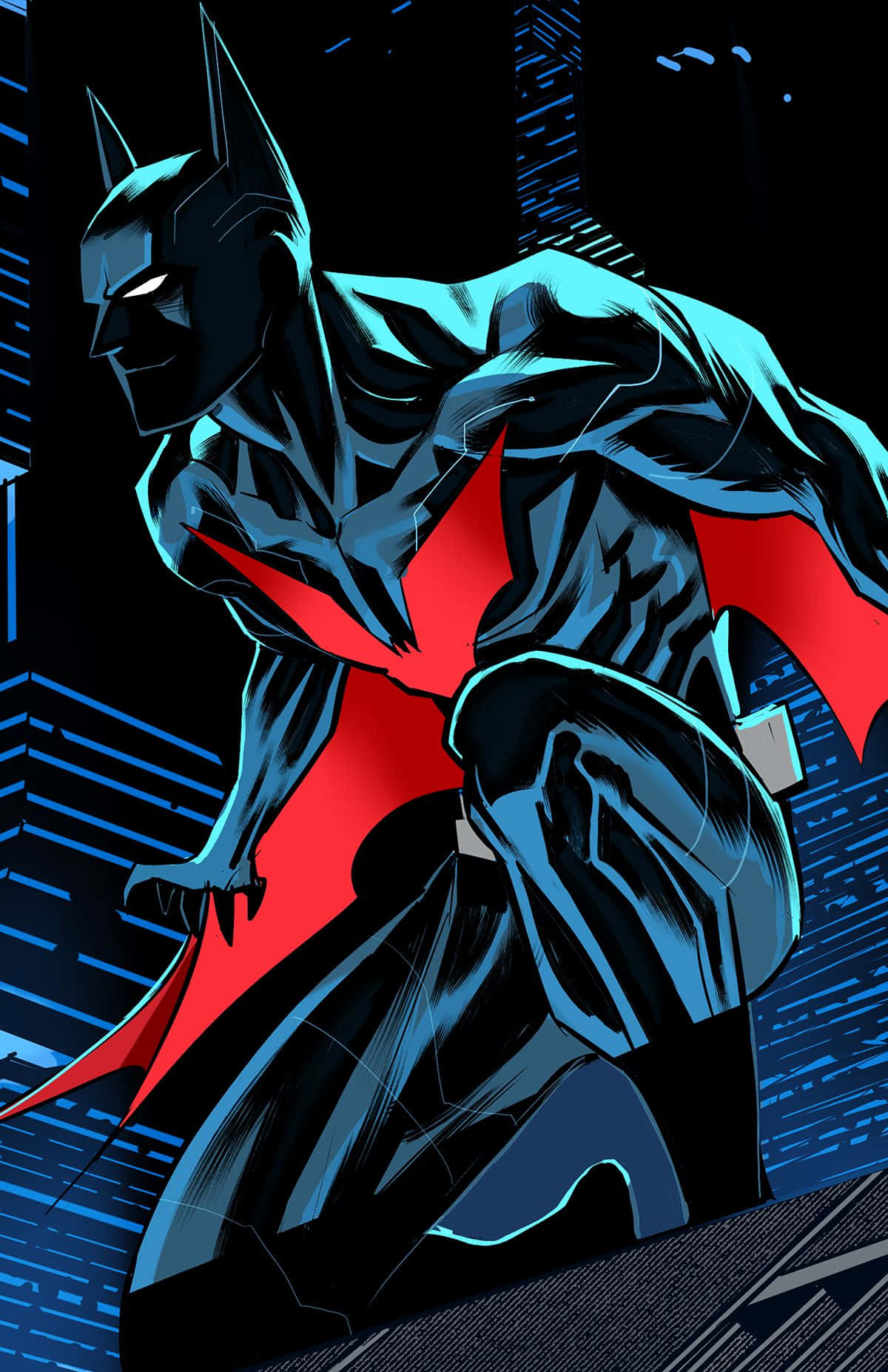 Batman The New 52 桌布 壁紙 — 蝙蝠俠以動態姿勢蹲伏在黑暗的城市景觀中，被霓虹藍燈和紅色斗篷點綴照亮。