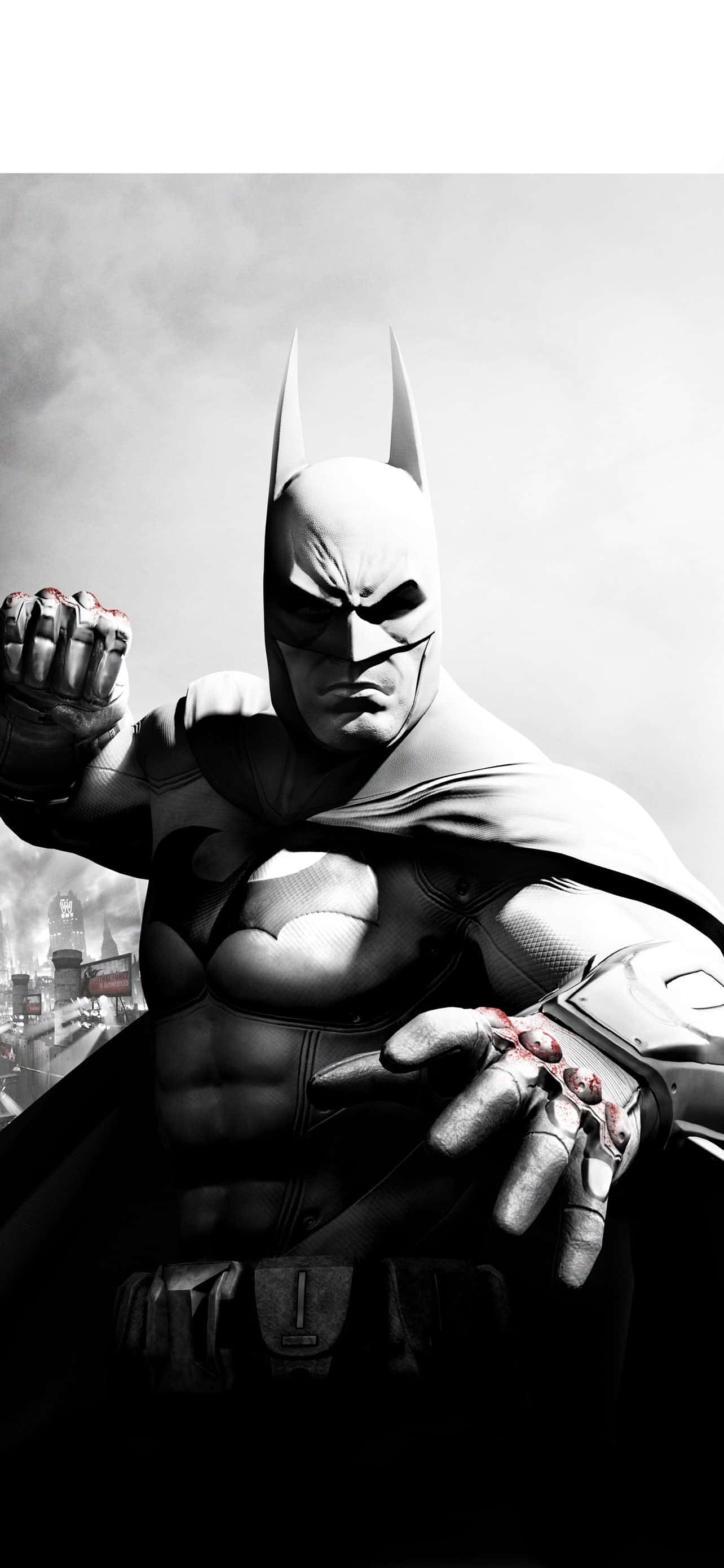 Batman Arkham Knight 桌布 壁紙 — 蝙蝠俠以單色 gritty 姿勢站立，拳頭緊握，背景是煙霧瀰漫的城市景觀。