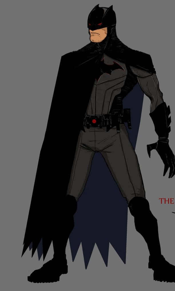 Batman The New 52 桌布 壁紙 — 蝙蝠俠以強而有力的姿勢站立，身穿標誌性的黑色斗篷和頭罩，眼睛發出紅光，背景為純灰色。