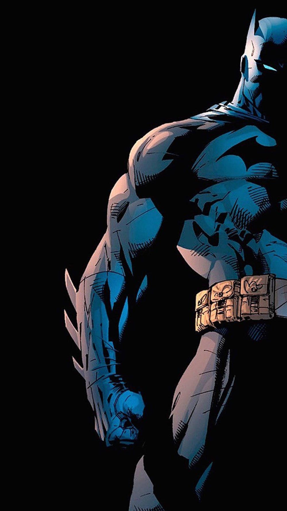 batman arkham city iPhone 桌布 壁紙 — 蝙蝠俠以發光的眼睛和裝甲服在黑色背景上以陰影剪影站立。