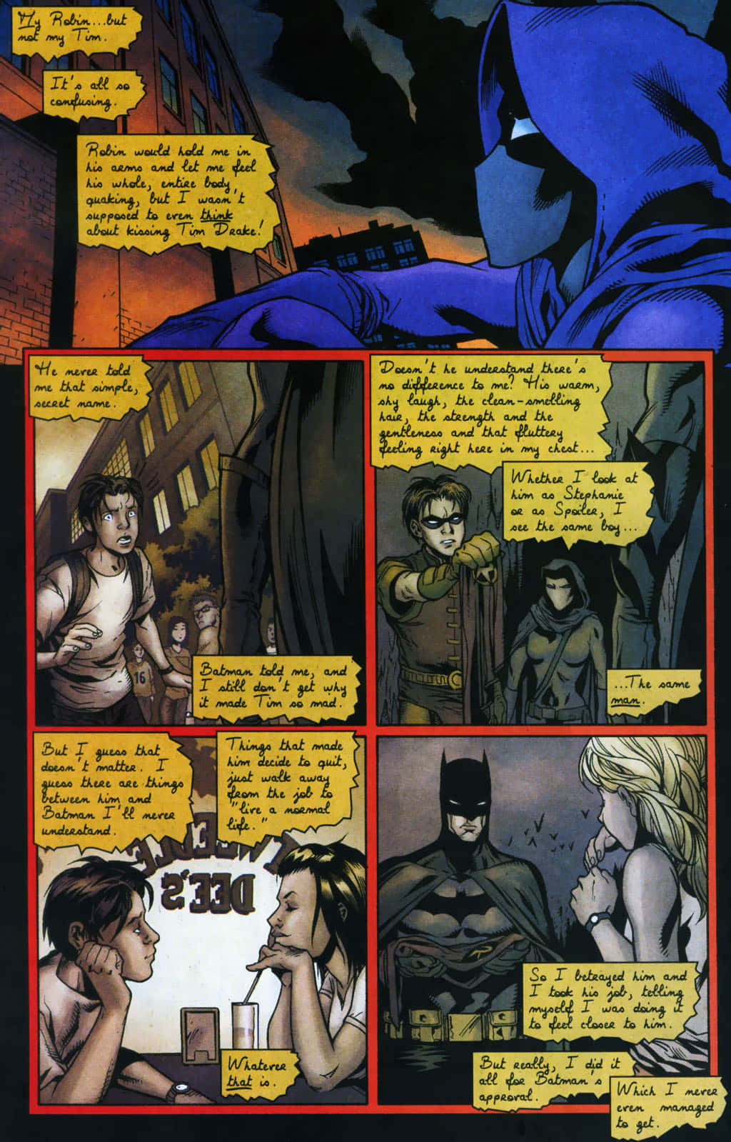 Batman War Games 桌布 壁紙 — 蝙蝠俠以陰影藍色聳立在火熱的橙色城市景觀前，面板以漫畫風格描繪情感角色時刻。