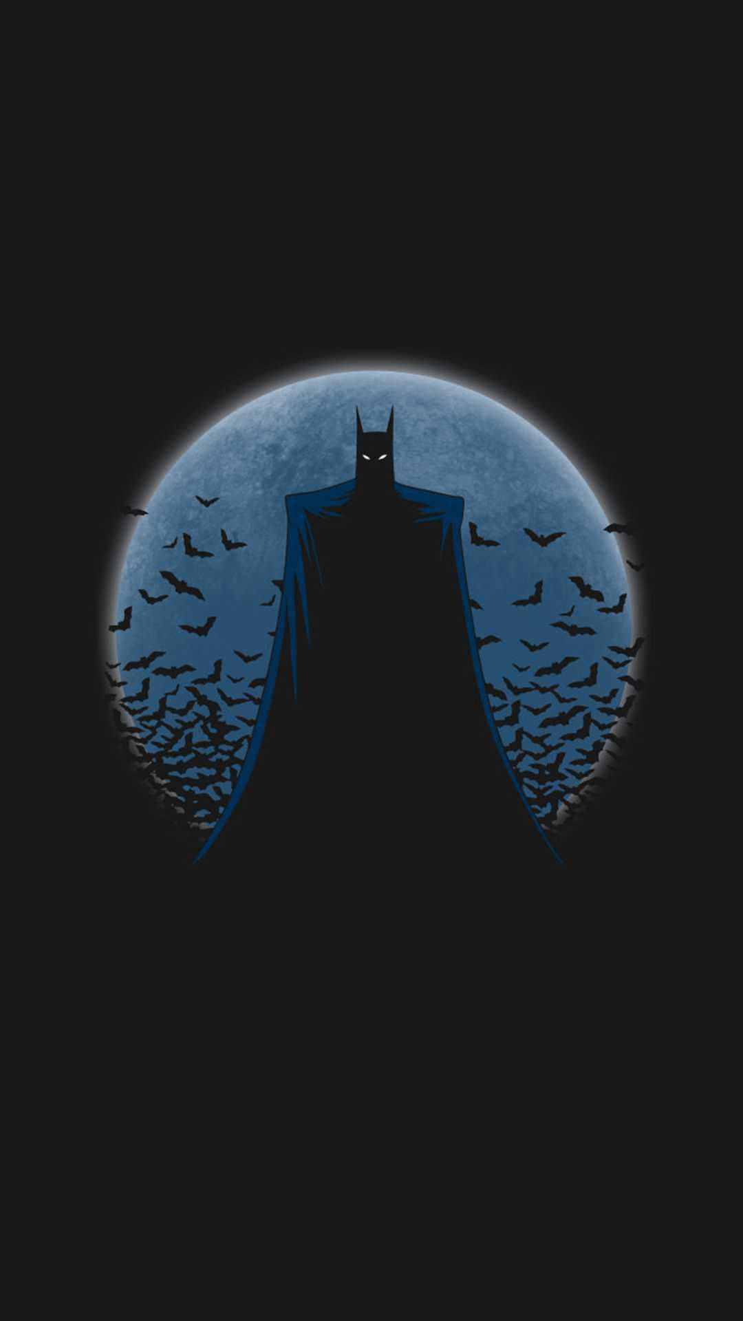 Bats 桌布 壁紙 — 蝙蝠俠以黑暗剪影姿態站立，背景是發光的藍色月亮，周圍有飛翔的蝙蝠。