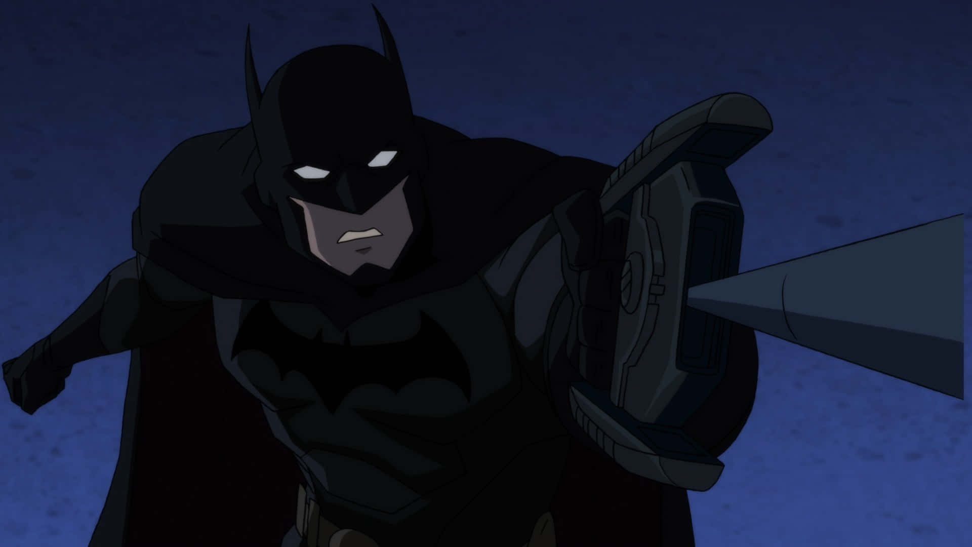 The Justice League Dark 桌布 壁紙 — 蝙蝠俠以黑暗動畫風格瞄準蝙蝠鏢，背景是憂鬱的藍色夜空。