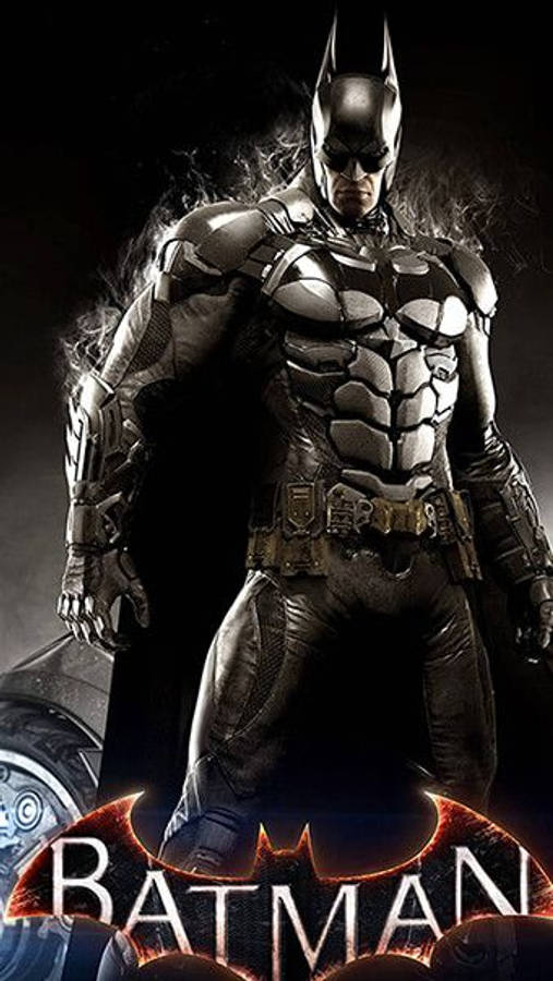 batman arkham city iPhone 桌布 壁紙 — 蝙蝠俠以黑暗粗獷的姿態站立，腳下有一個發光的蝙蝠標誌，煙霧在他裝甲服周圍旋轉。