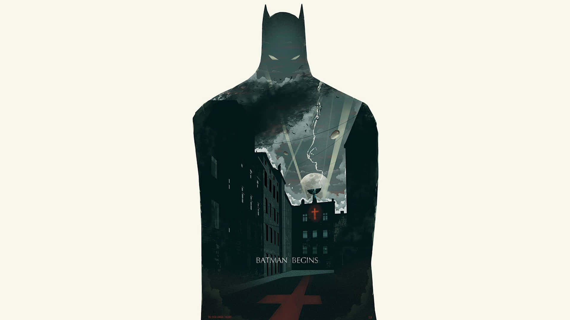 Bruce Wayne 桌布 壁紙 — 蝙蝠俠剪影，哥譚天際線和月亮在他的軀幹內，下方標題蝙蝠俠：開戰時刻。