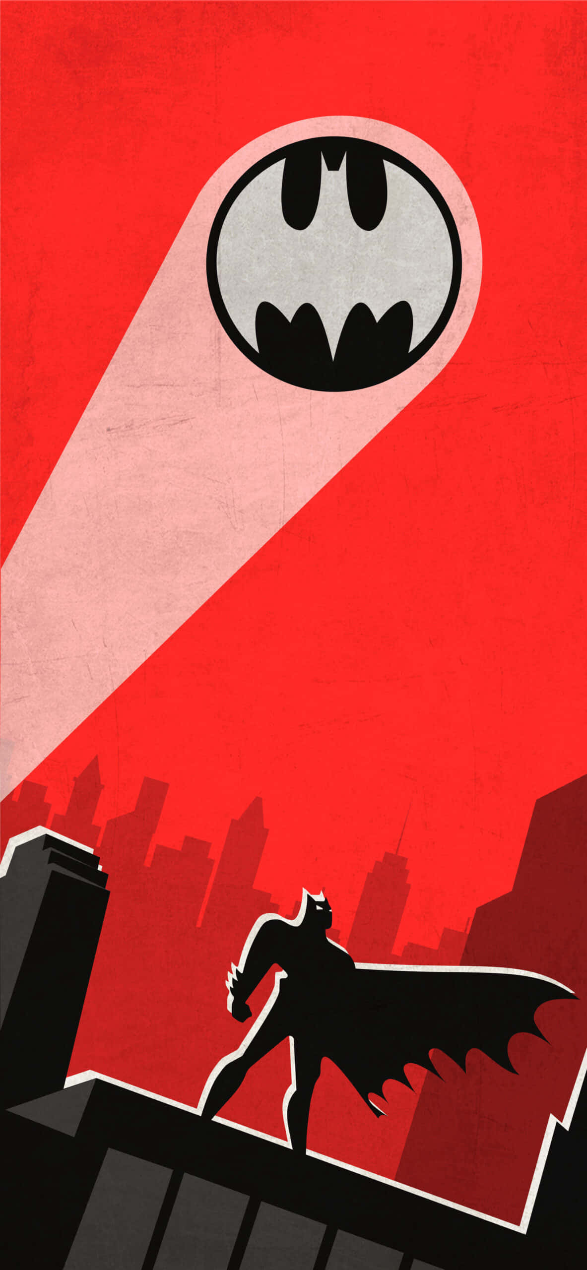 Batman Animated Adventures 桌布 壁紙 — 蝙蝠俠剪影站在屋頂上，下方是發光的蝙蝠標誌，背景是鮮豔的紅色天空。