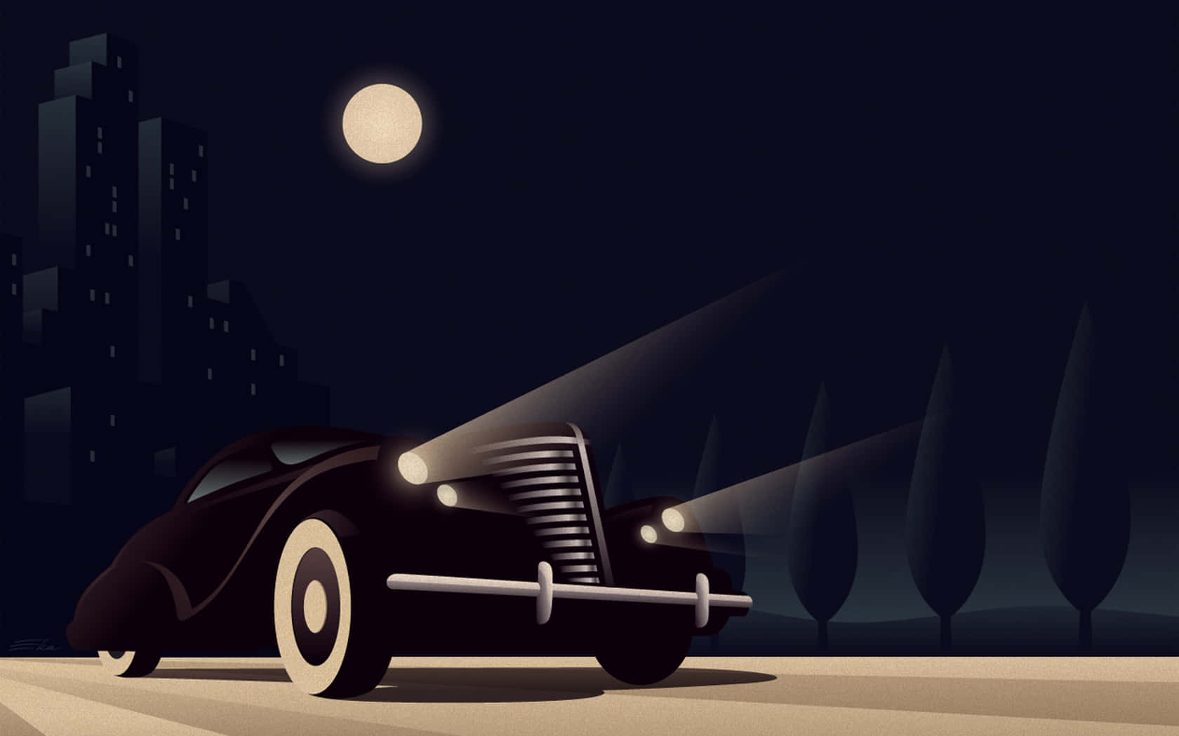 蝙蝠俠動畫系列經典車夜景 壁紙 — 一輛帶有發光車頭燈的復古黑色汽車在滿月下行駛，穿過高樓大廈和剪影樹木的黑暗城市景觀。