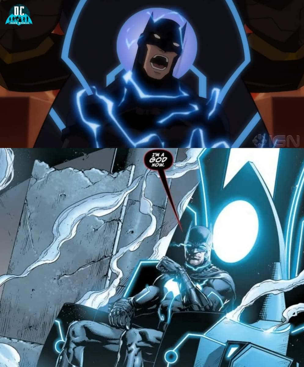 The Justice League Dark 桌布 壁紙 — 蝙蝠俠咆哮著，藍色閃電在他周圍劈啪作響，他在破碎的王座廳中宣稱自己是神。