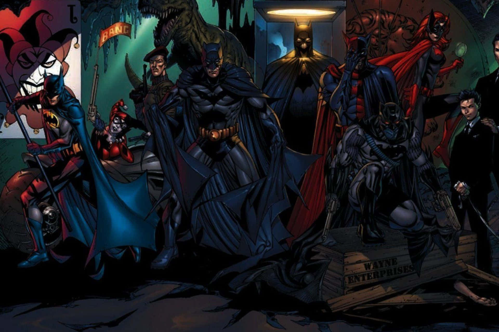 Bat-family 桌布 壁紙 — 蝙蝠俠和他的盟友在黑暗的高譚巷子裡挑釁地站著，周圍是惡棍，頭頂是發光的路燈。