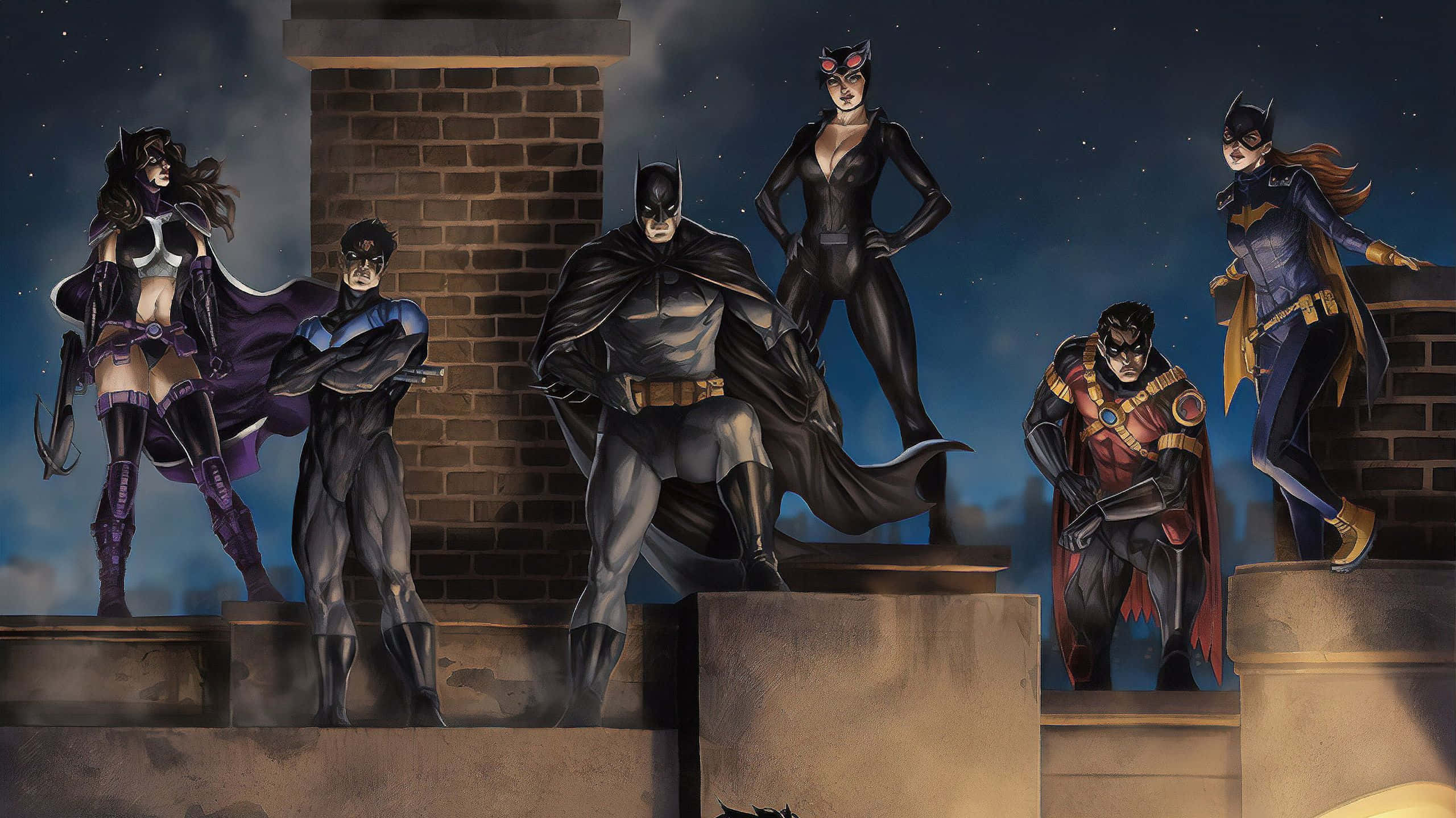 Batman Death In The Family 桌布 壁紙 — 蝙蝠俠和他的盟友站在屋頂邊緣，背後是星空下的磚砌煙囪。