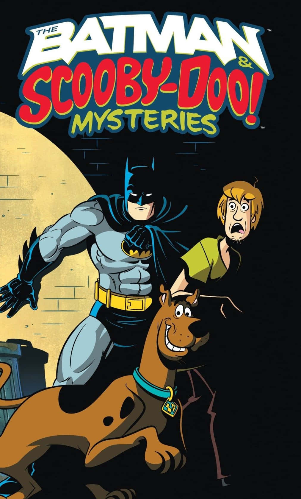 Batman The Brave And The Bold 桌布 壁紙 — 蝙蝠俠和史酷比英勇地站在月光下的磚牆前，身後是驚恐的沙奇。