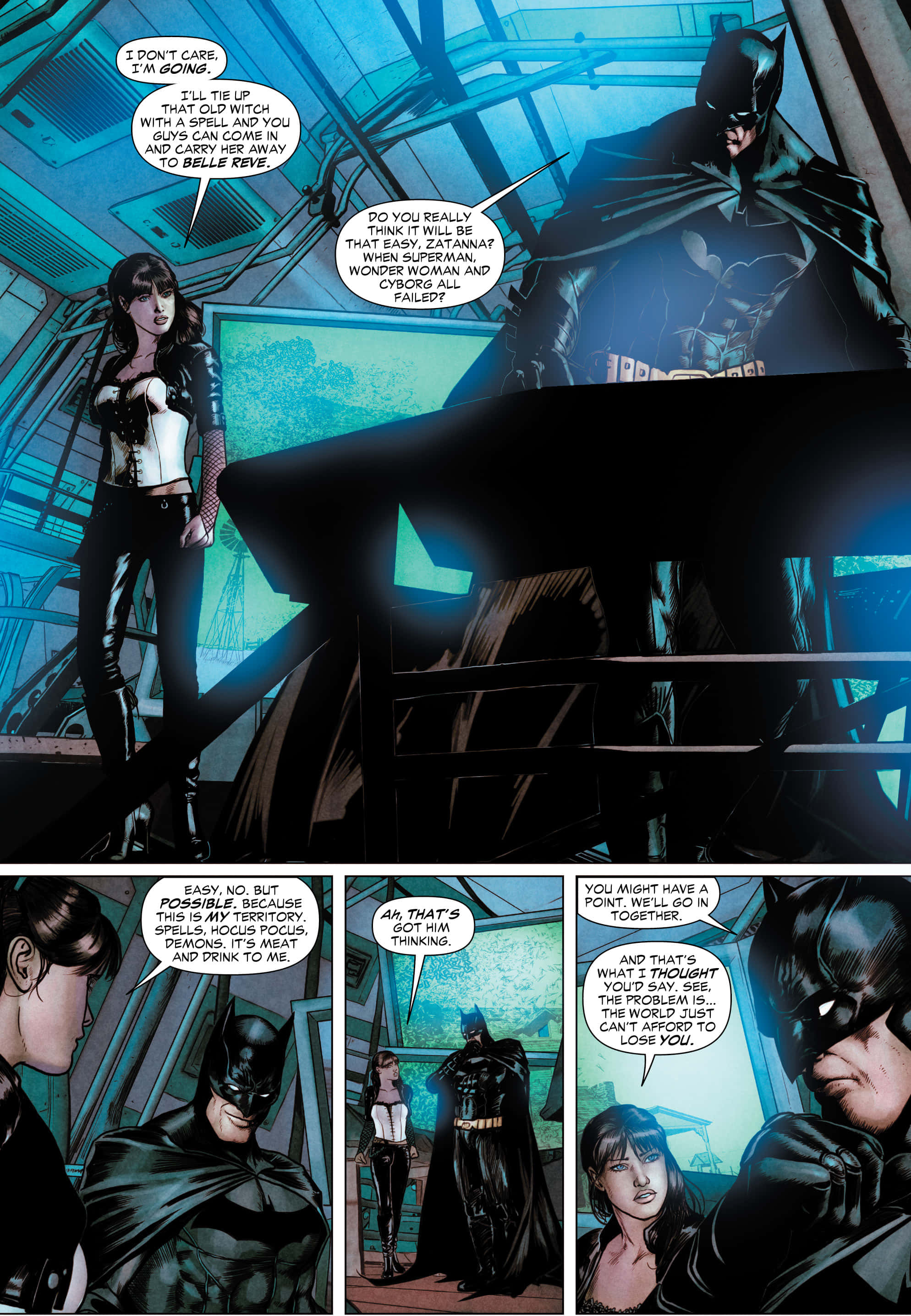 The Justice League Dark 桌布 壁紙 — 蝙蝠俠和扎坦娜站在高科技巢穴中，用對話氣泡辯論一個魔法計劃。