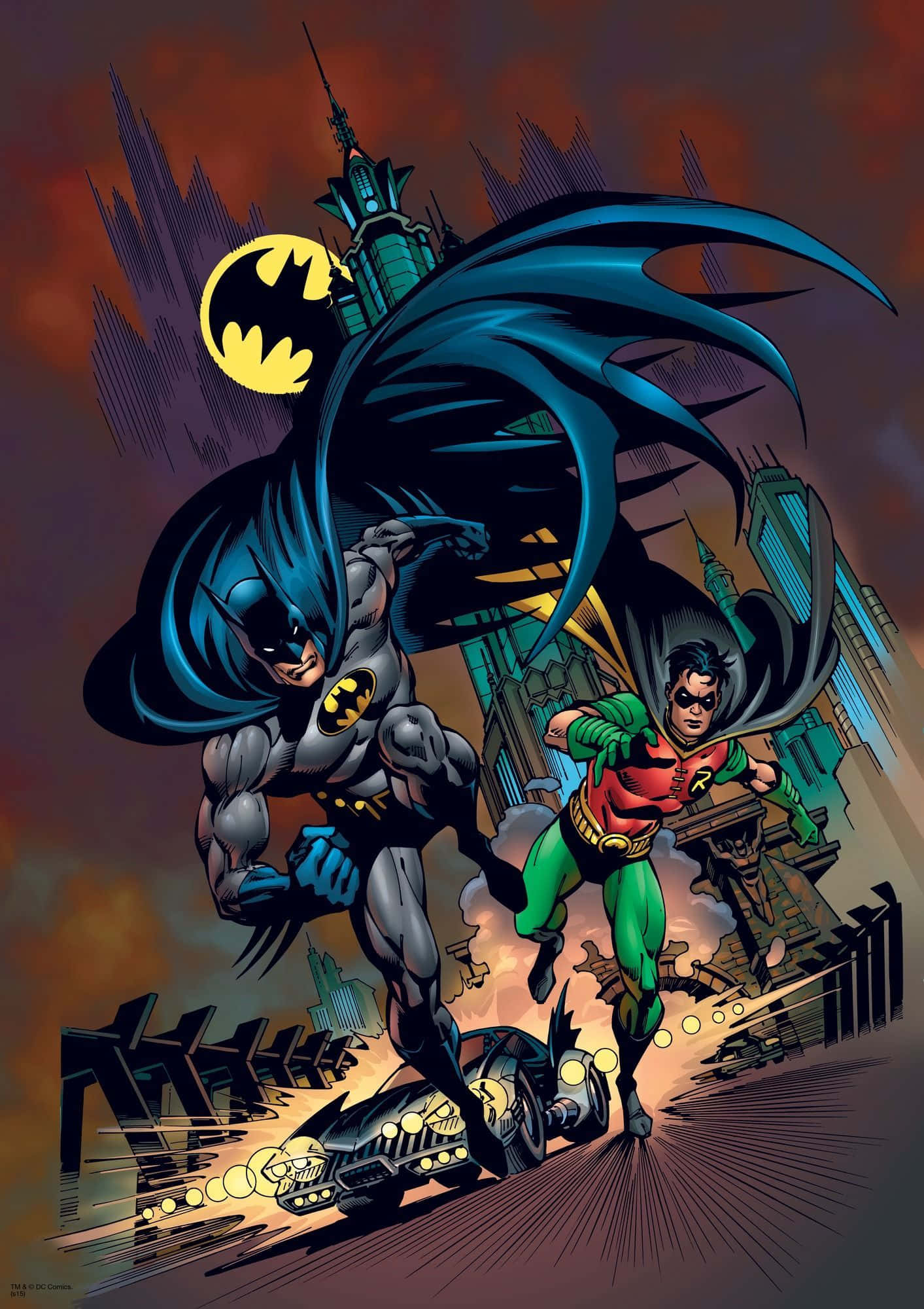 Batman Vs Robin 桌布 壁紙 — 蝙蝠俠和羅賓動態地跳躍穿過燃燒的高譚市天際線，蝙蝠信號在上方閃耀。