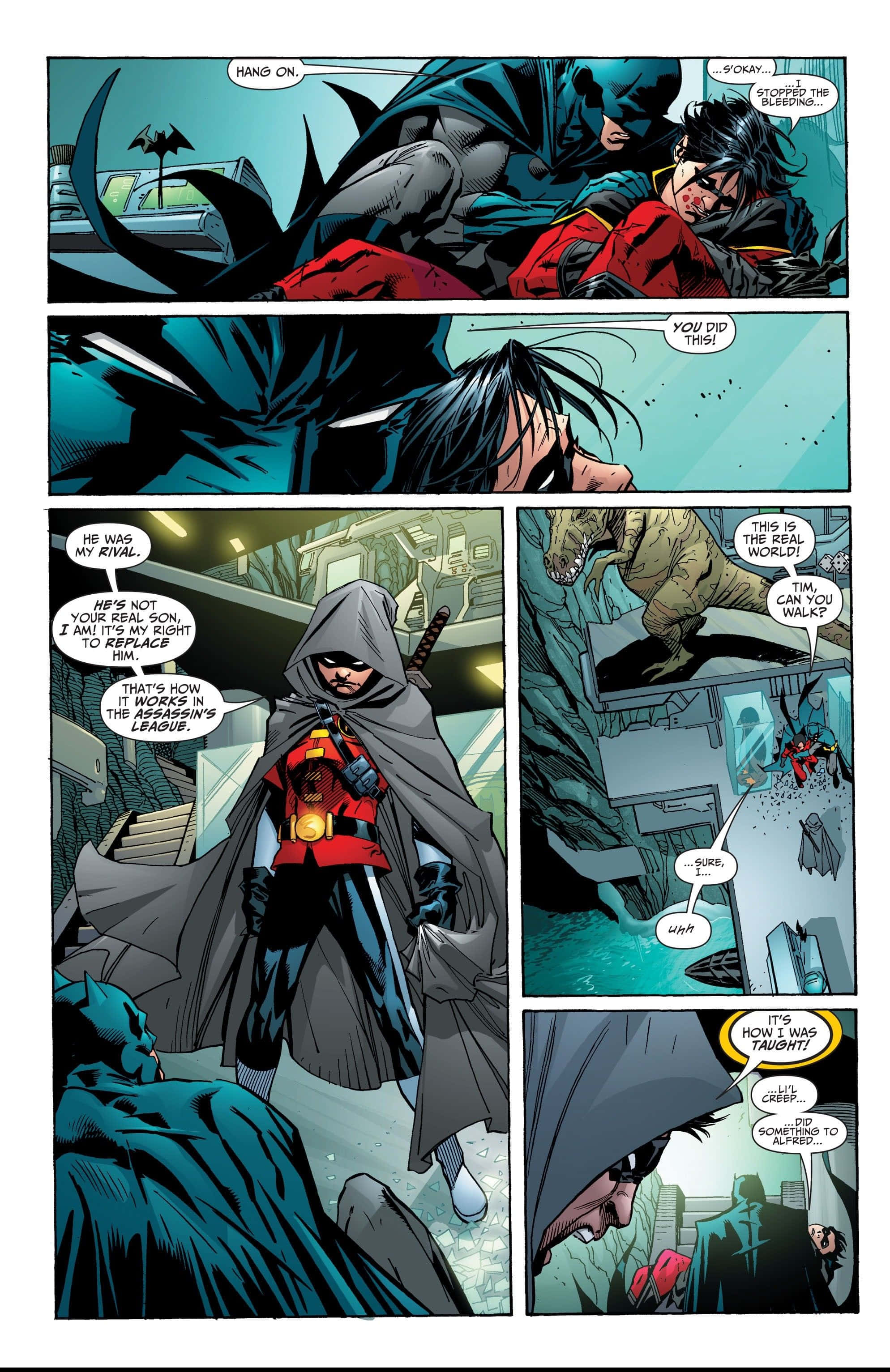 Tim Drake 桌布 壁紙 — 蝙蝠俠和羅賓在一個 gritty 的漫畫格中對峙一個戴面具的惡棍，帶有戲劇性的對話和深青色燈光。