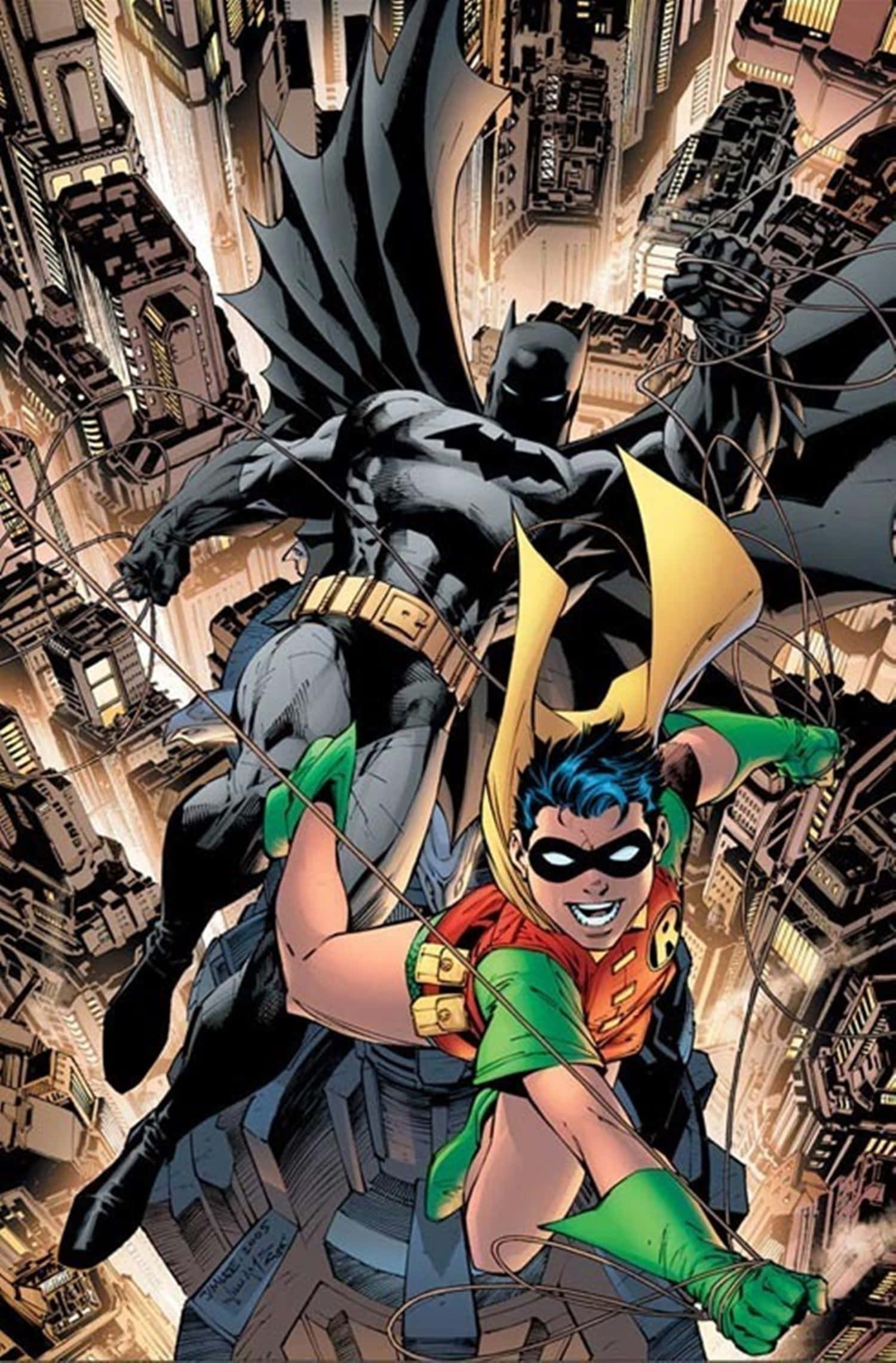 Batman Vs Robin 桌布 壁紙 — 蝙蝠俠和羅賓在夜晚動態地穿梭於高聳的城市景觀中，窗戶發光，建築結構複雜。