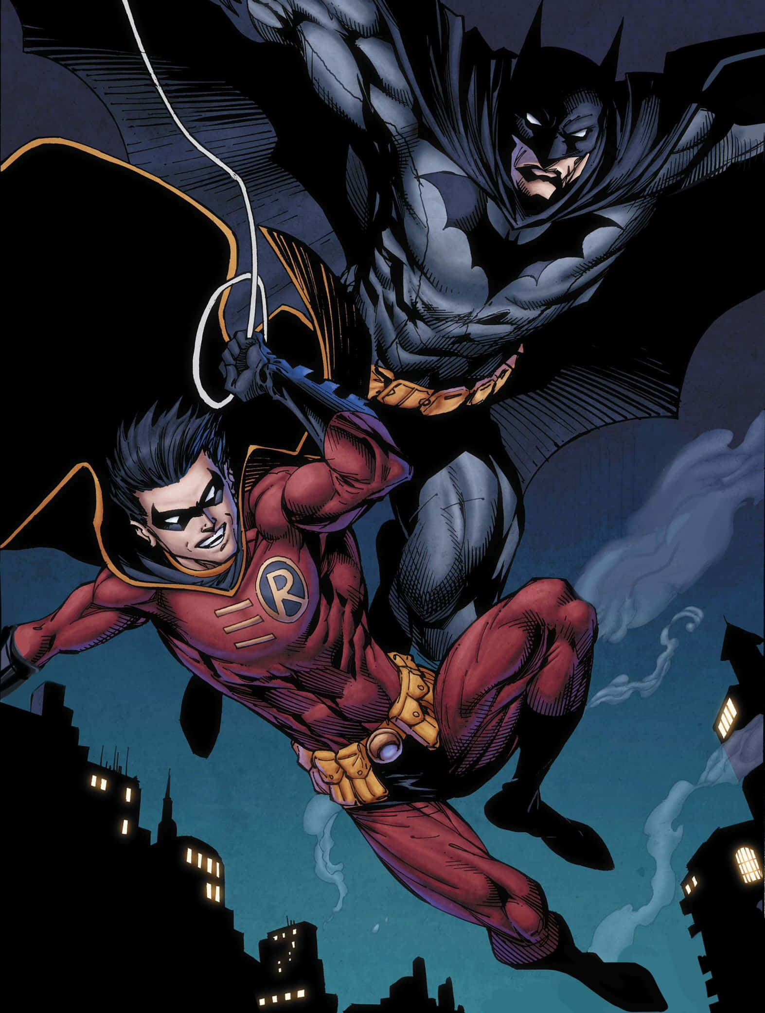 Tim Drake 桌布 壁紙 — 蝙蝠俠和羅賓在夜間以動態姿勢和戲劇性燈光飛越黑暗的城市景觀。