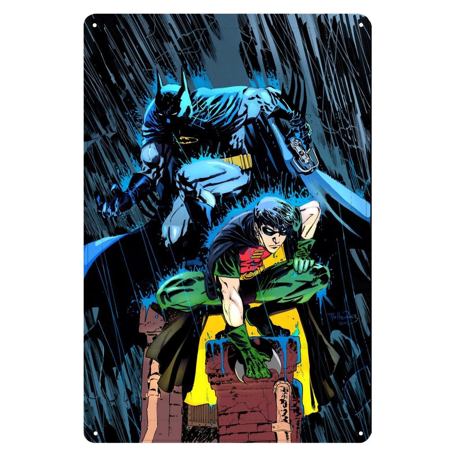 Batman The New 52 桌布 壁紙 — 蝙蝠俠和羅賓在戲劇性的藍色燈光和雨絲中，蹲在濕透的城市小巷裡。