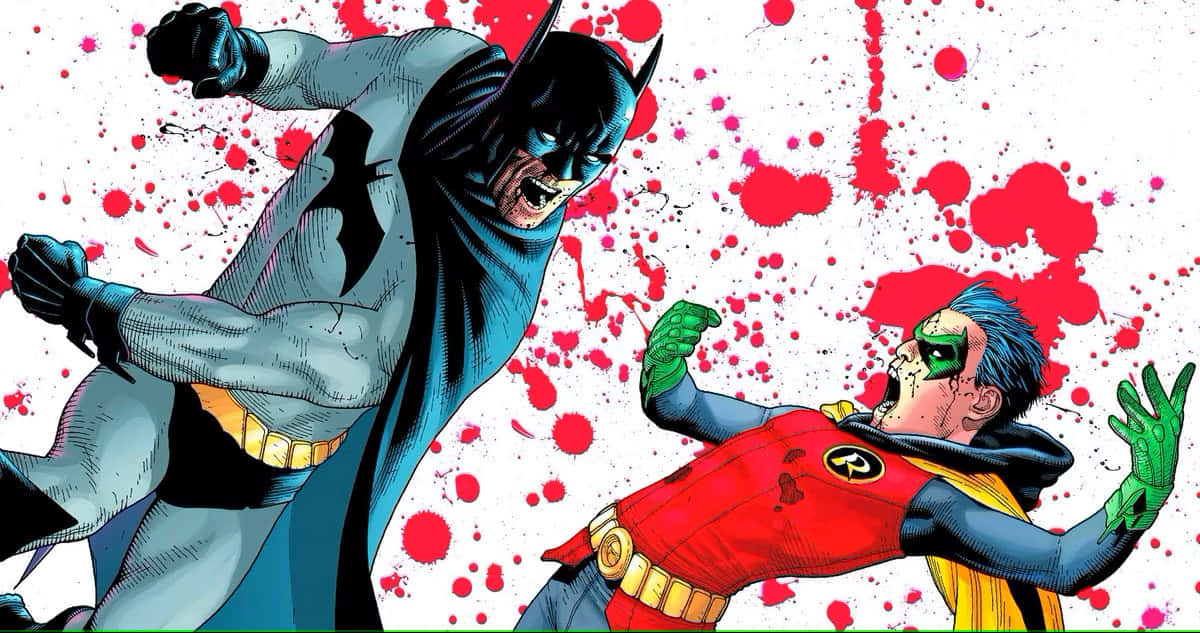 Batman Vs Robin 桌布 壁紙 — 蝙蝠俠和羅賓在白色背景上動態地衝突，背景上濺滿了紅色油漆般的爆發。
