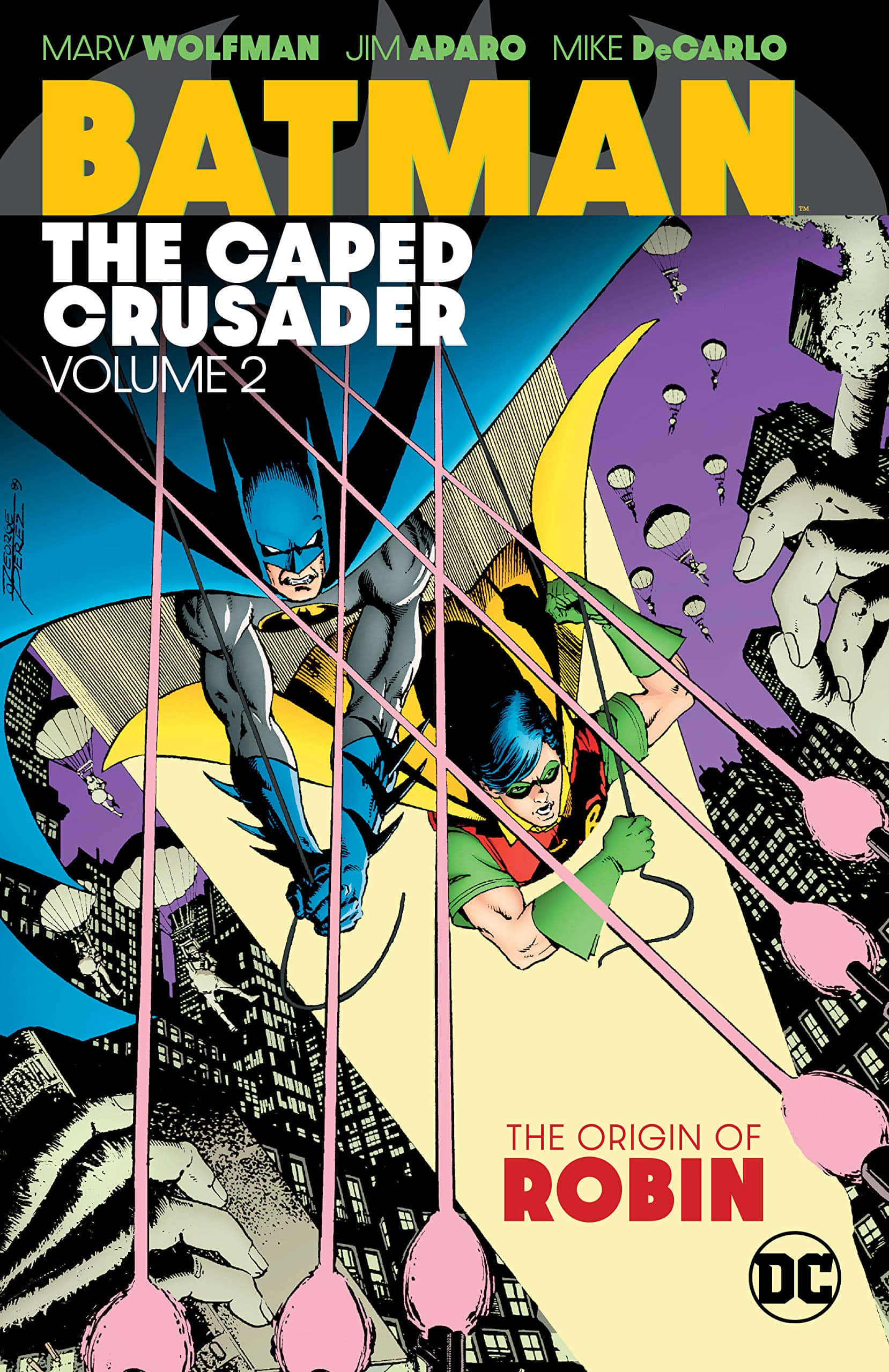 The Caped Crusader 桌布 壁紙 — 蝙蝠俠和羅賓在風格化的城市景觀中以動態漫畫動作擺盪。