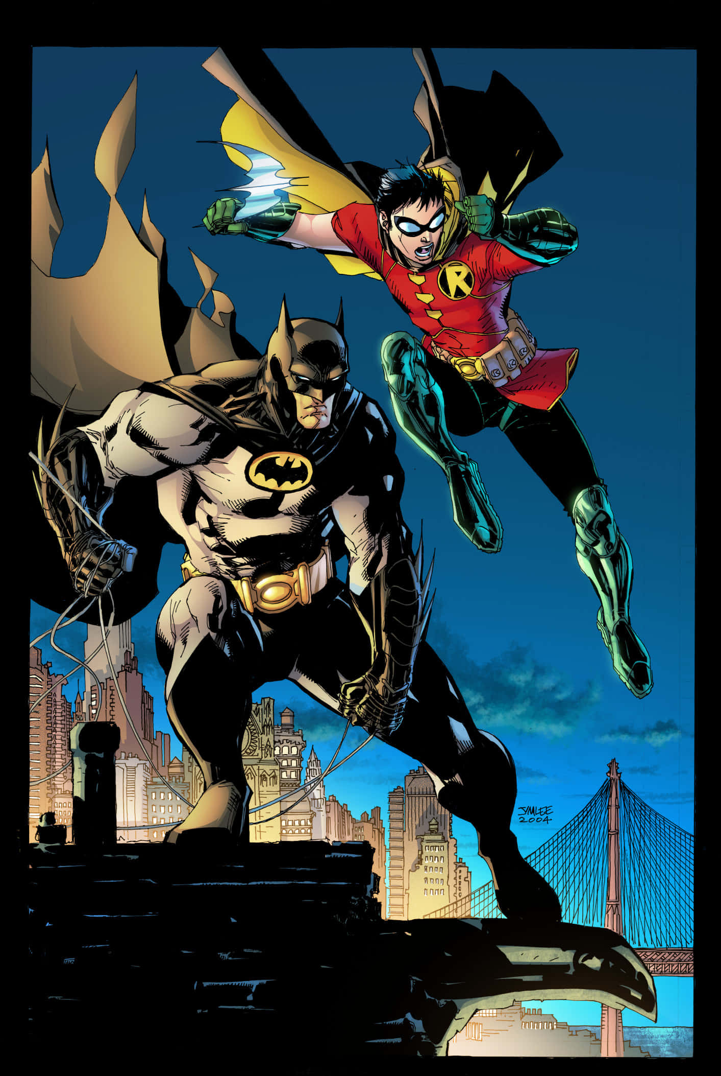 Batman And Robin 桌布 壁紙 — 蝙蝠俠和羅賓在黃昏時分動態地躍過城市天際線，身後有熾熱的能量效果。