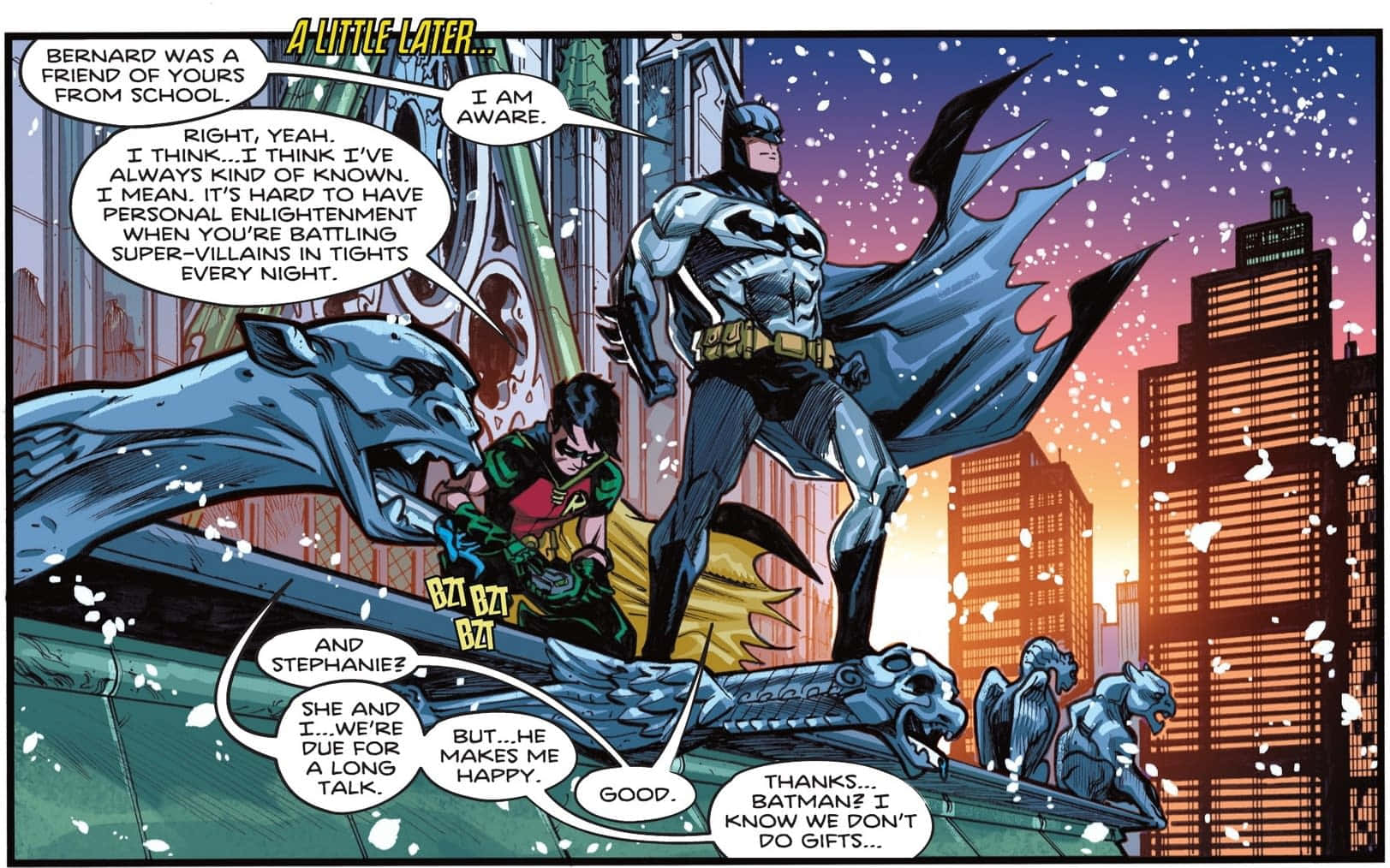 Tim Drake 桌布 壁紙 — 蝙蝠俠和羅賓站在積雪的屋頂上，背景是暮色城市景觀和對話氣泡。