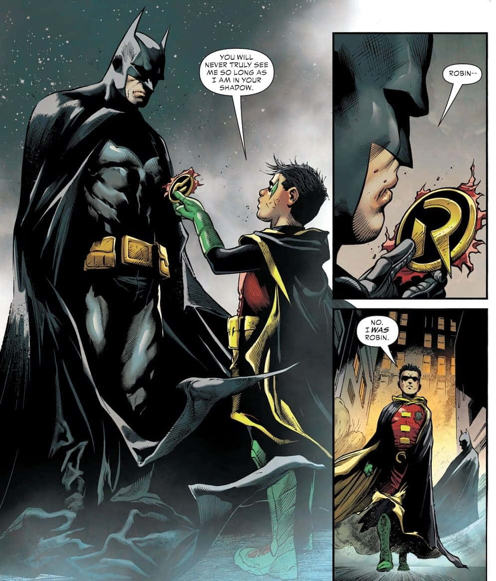 Tim Drake 桌布 壁紙 — 蝙蝠俠和羅賓站在繁星點點的夜空中，羅賓握著他破碎的標誌，宣告他是羅賓，不是蝙蝠俠的影子。