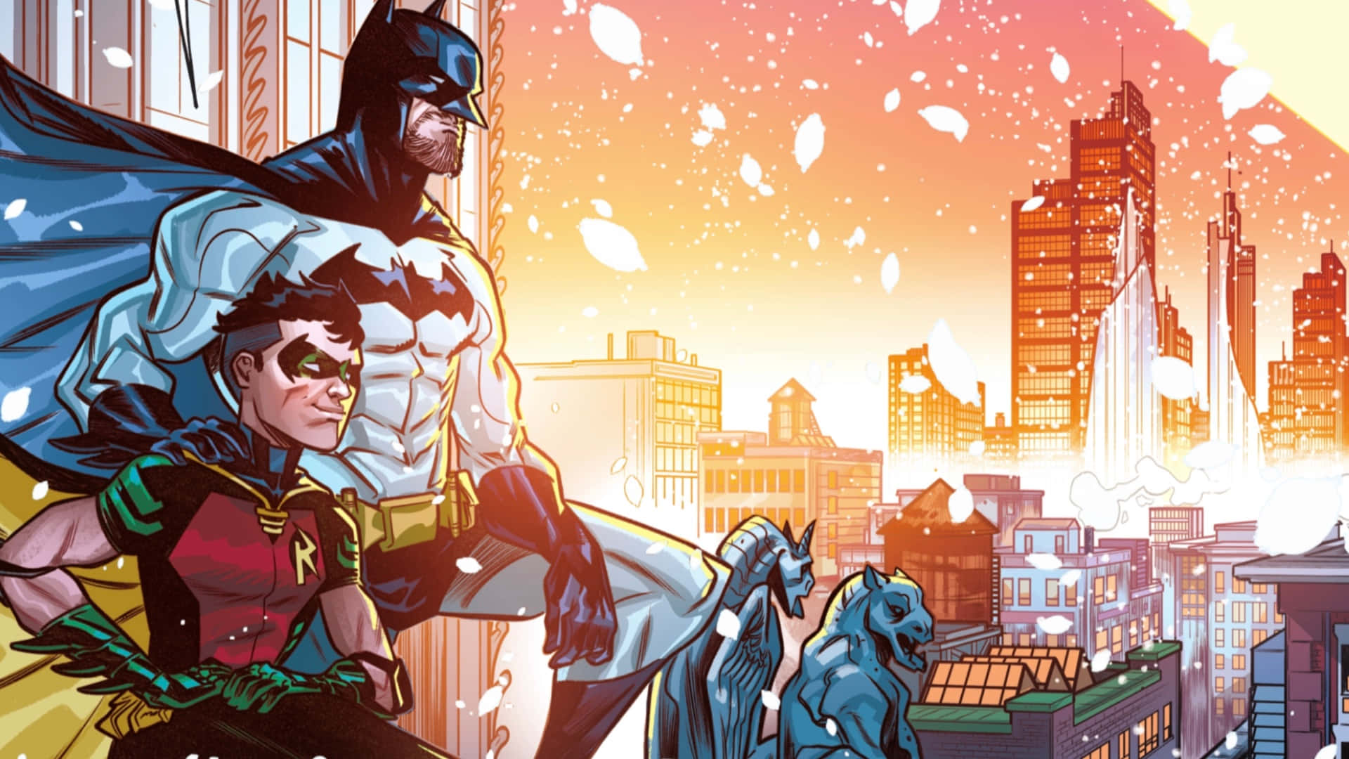 Tim Drake 桌布 壁紙 — 蝙蝠俠和羅賓站在高譚市的屋頂上，櫻花在日落時分飄落在城市景觀上。