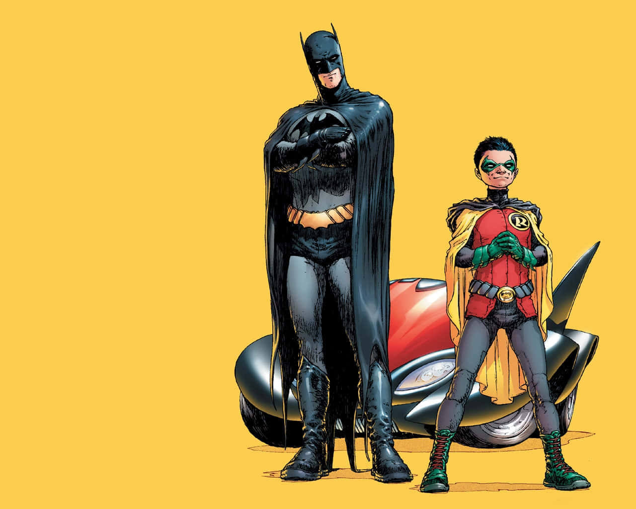 Batman Vs Robin 桌布 壁紙 — 蝙蝠俠和羅賓自信地站在一輛時尚的紅黑色車輛旁邊，背景為純黃色。