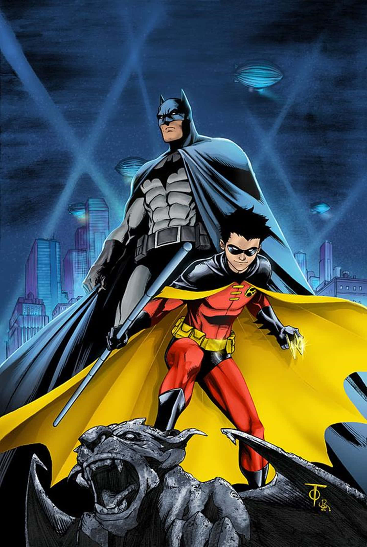 Batman Vs Robin 桌布 壁紙 — 蝙蝠俠和羅賓英雄地站在石像鬼上，背景是夜間發光的藍色城市天際線。